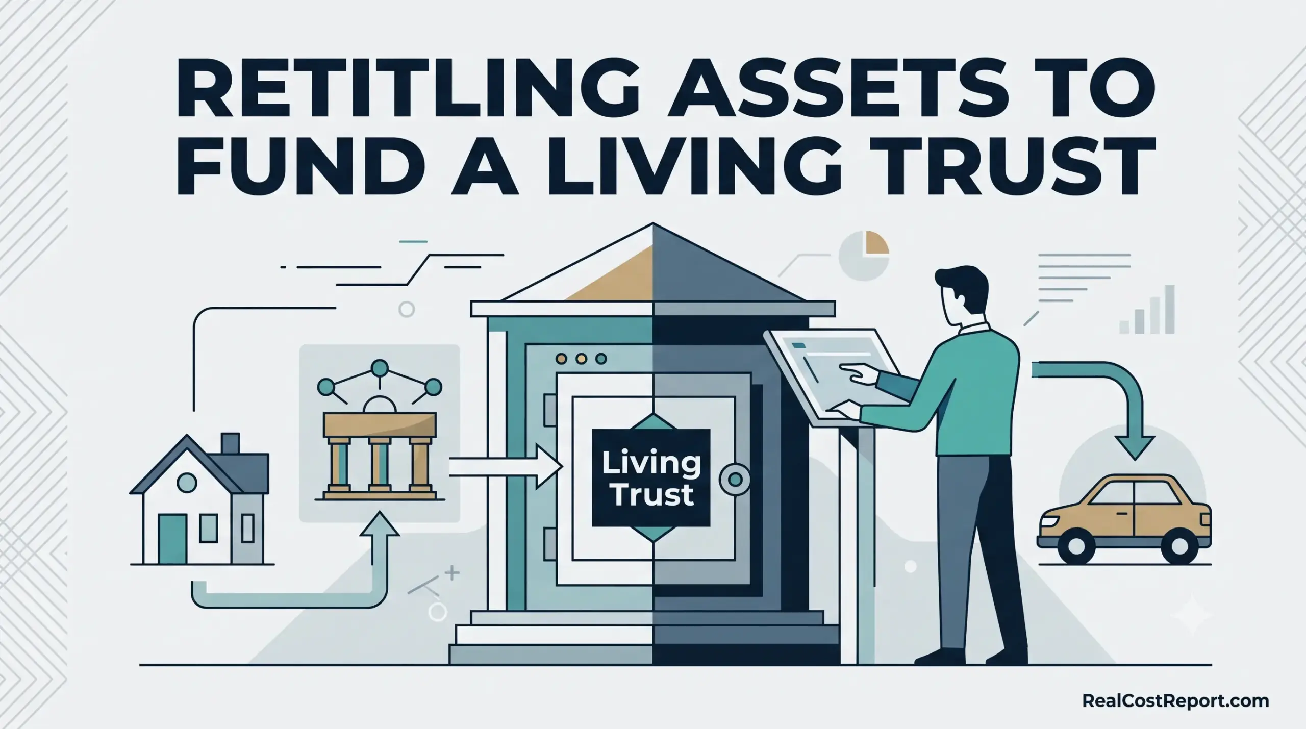 Geometric illustration showing a house and car being transferred into a secure vault labeled Living Trust.