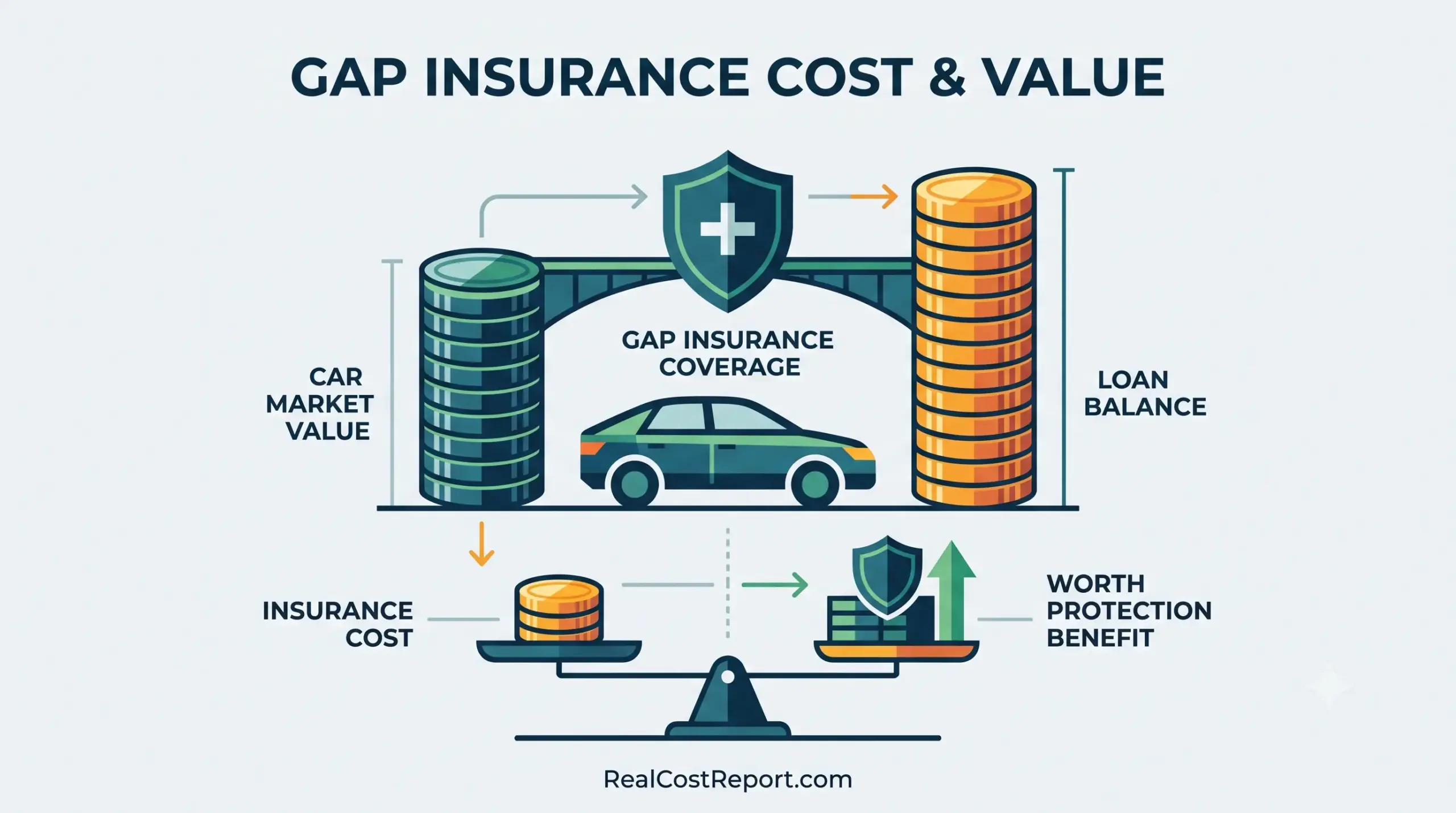 Geometric vector illustration of a car between two coin stacks linked by a bridge, symbolizing gap insurance coverage.