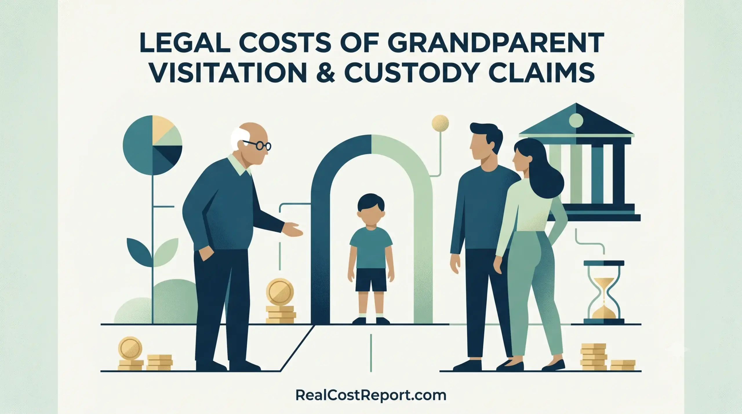 Modern illustration about grandparent legal costs, featuring a grandparent, a child, parents, coins, and a legal building.
