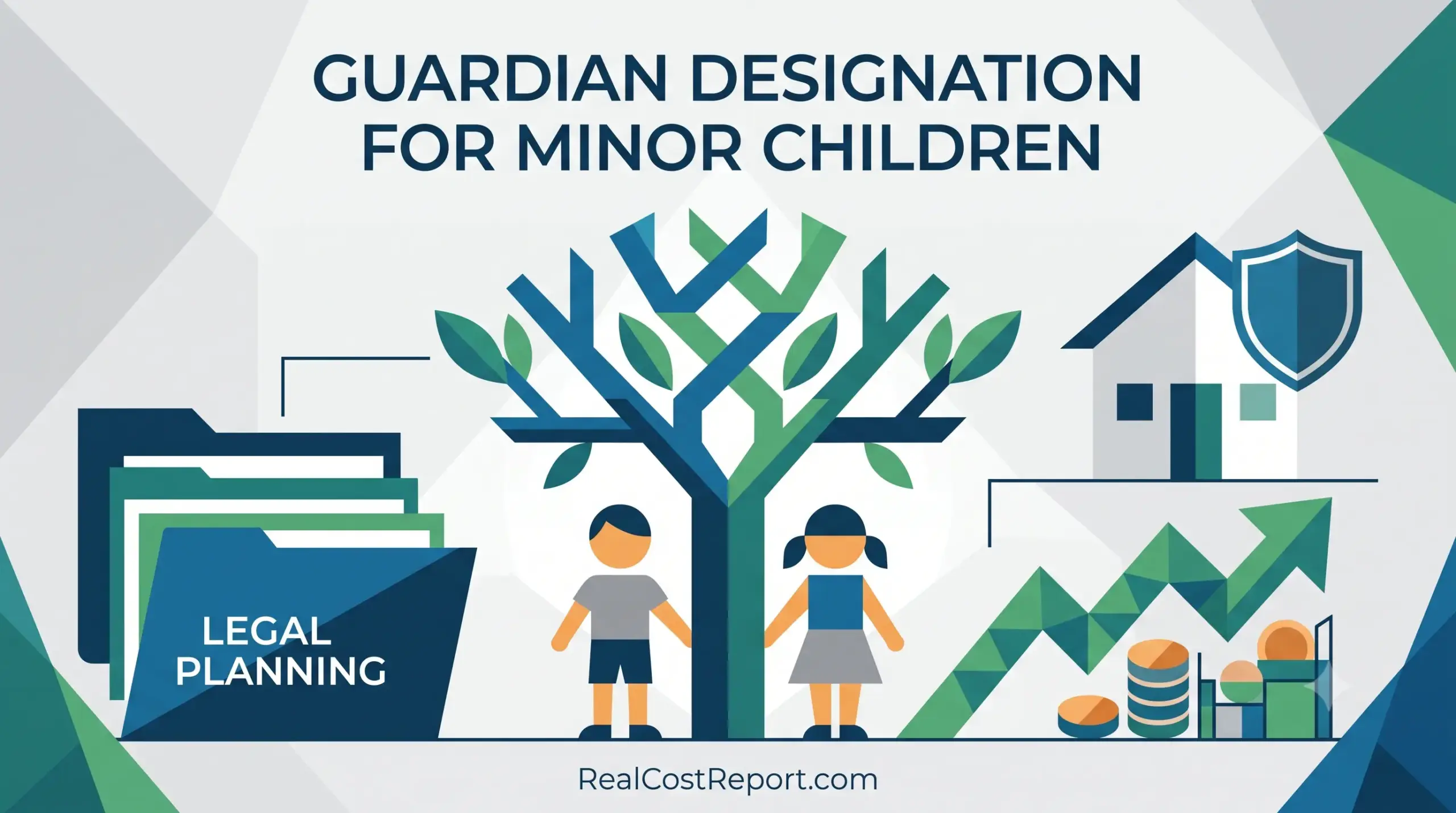 A geometric vector illustration representing guardian designation for minor children, featuring a family tree, children figures, legal planning documents, and assets.