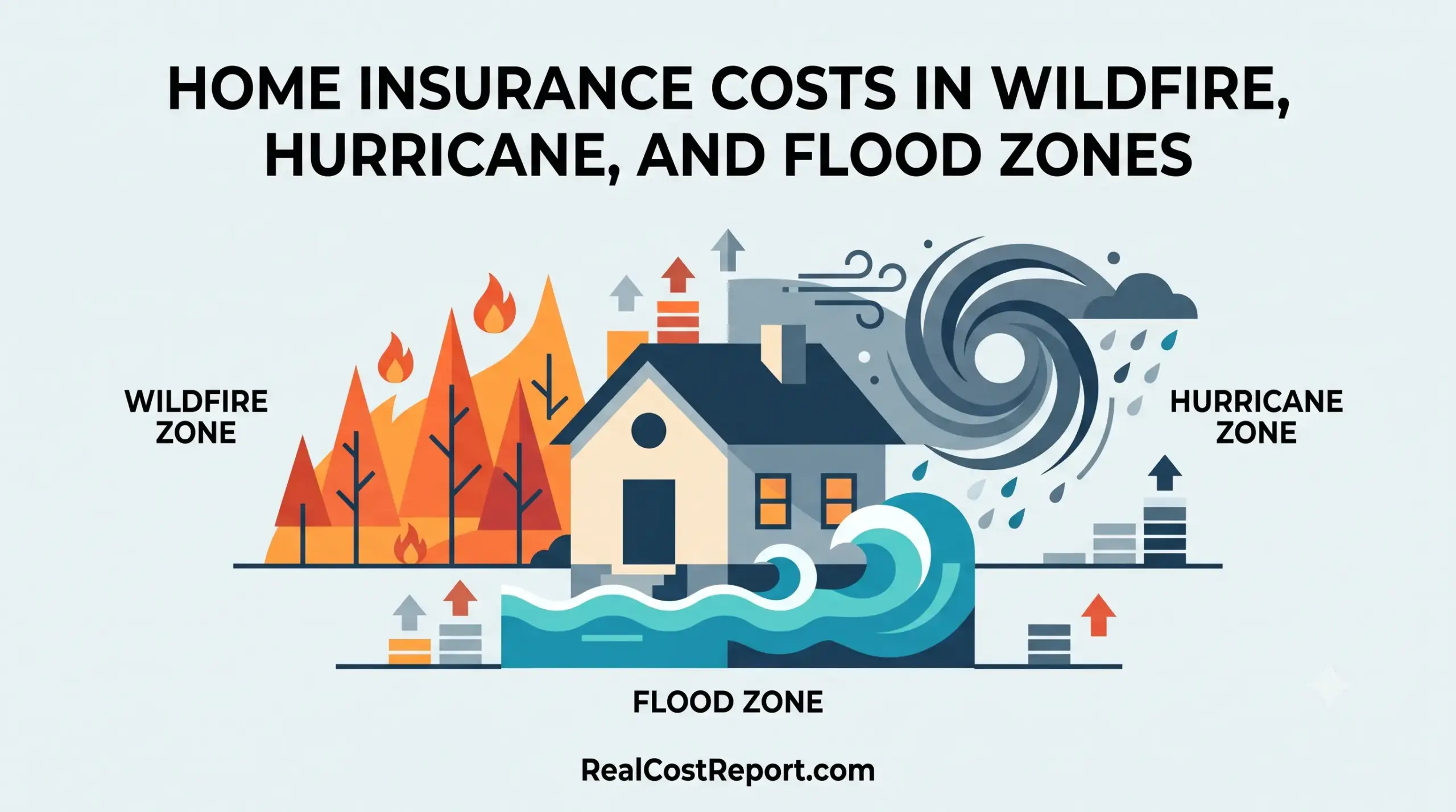 A geometric illustration of a house surrounded by stylized wildfire, hurricane, and flood elements with arrows indicating rising costs.