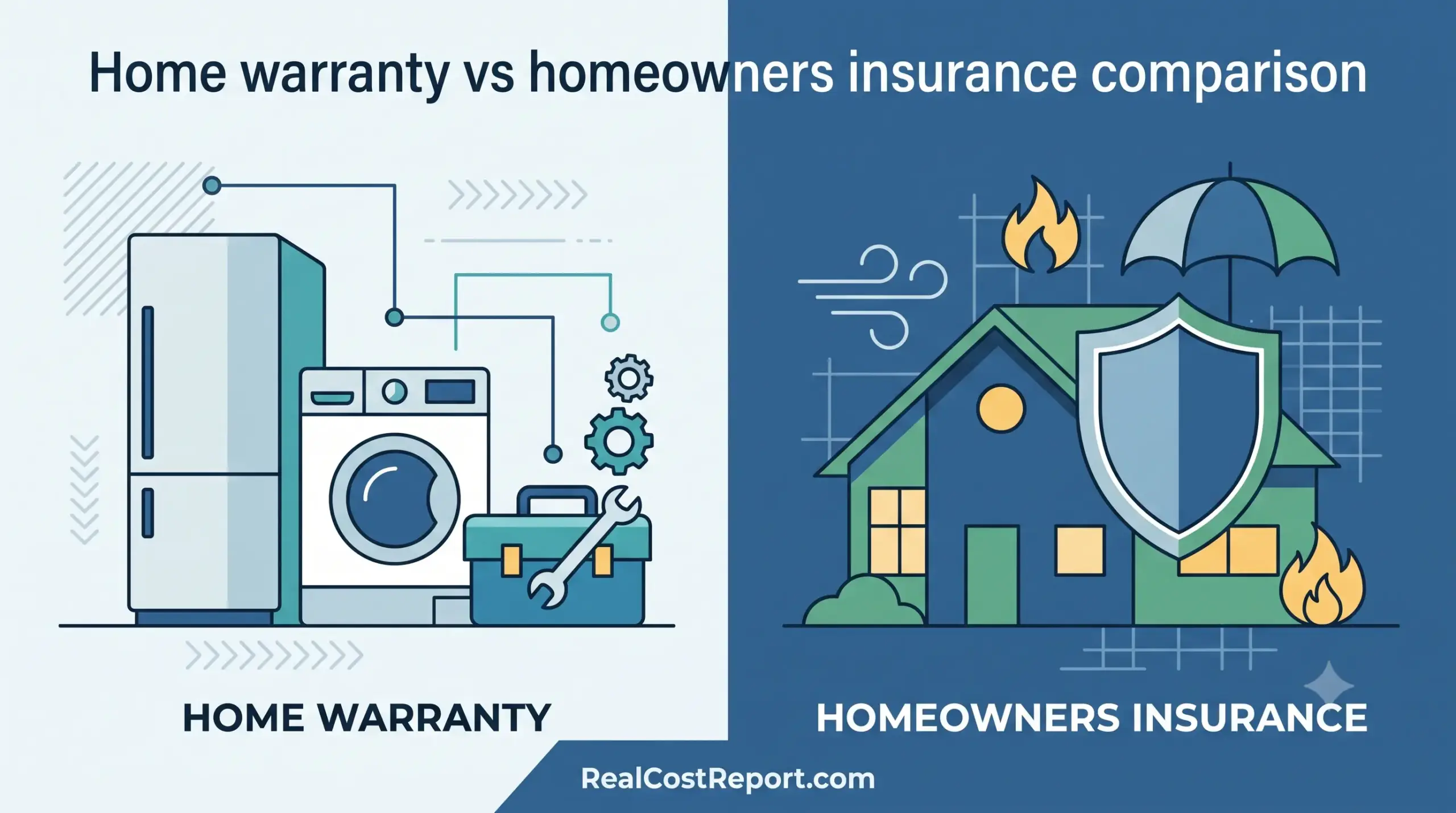 Side-by-side comparison illustration of appliances and tools for home warranty next to a house with weather and fire protection for insurance.