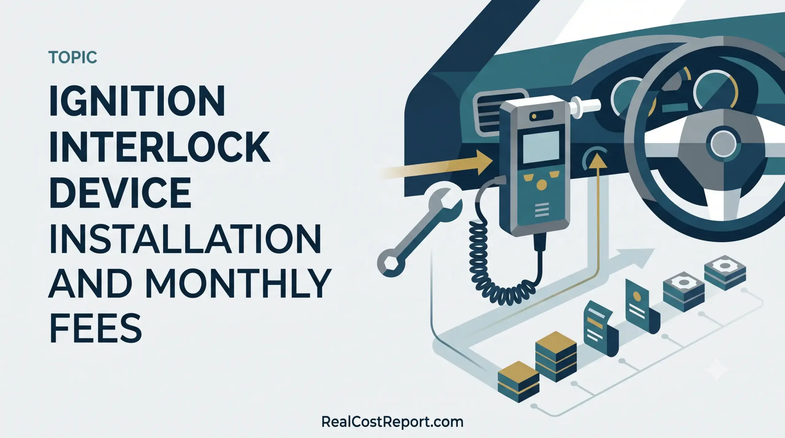 An isometric vector illustration showing an ignition interlock device in a car dashboard with a wrench and payment stacks.