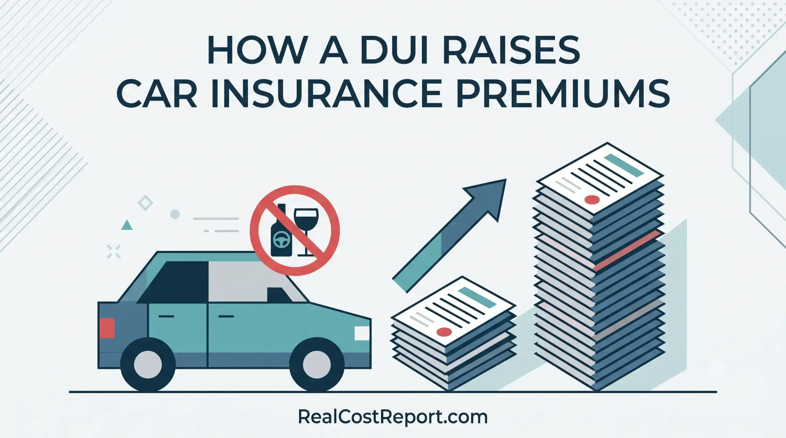 A minimalist vector graphic showing a car, a DUI warning icon, and a rising stack of abstract premium documents.