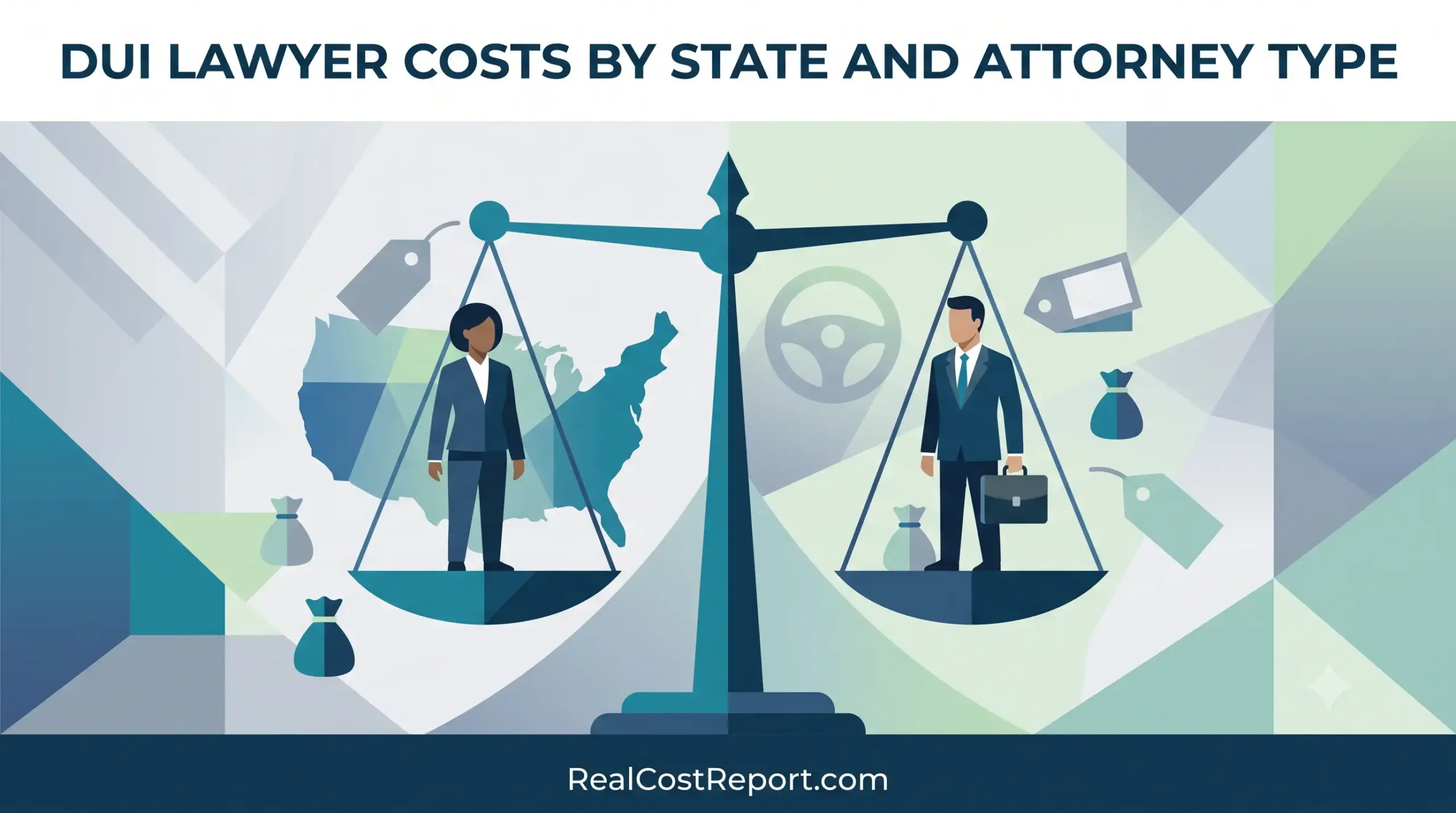 Modern geometric illustration of lawyers and a map on scales, for an article about DUI lawyer costs by state.