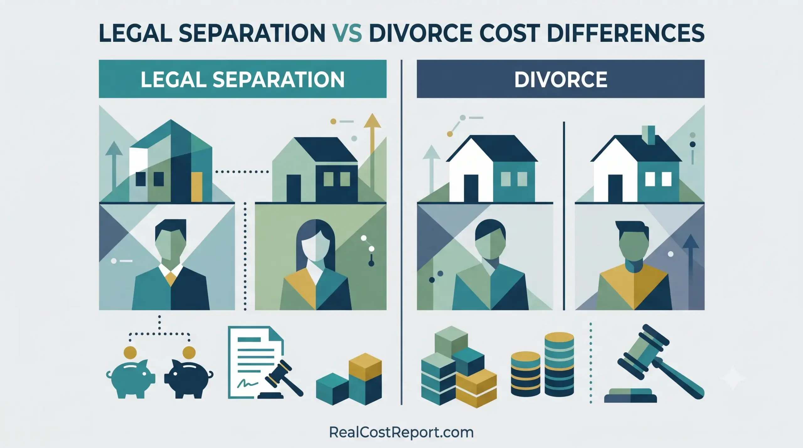 Geometric infographic comparing the financial and legal structures of legal separation versus divorce in a premium vector style.