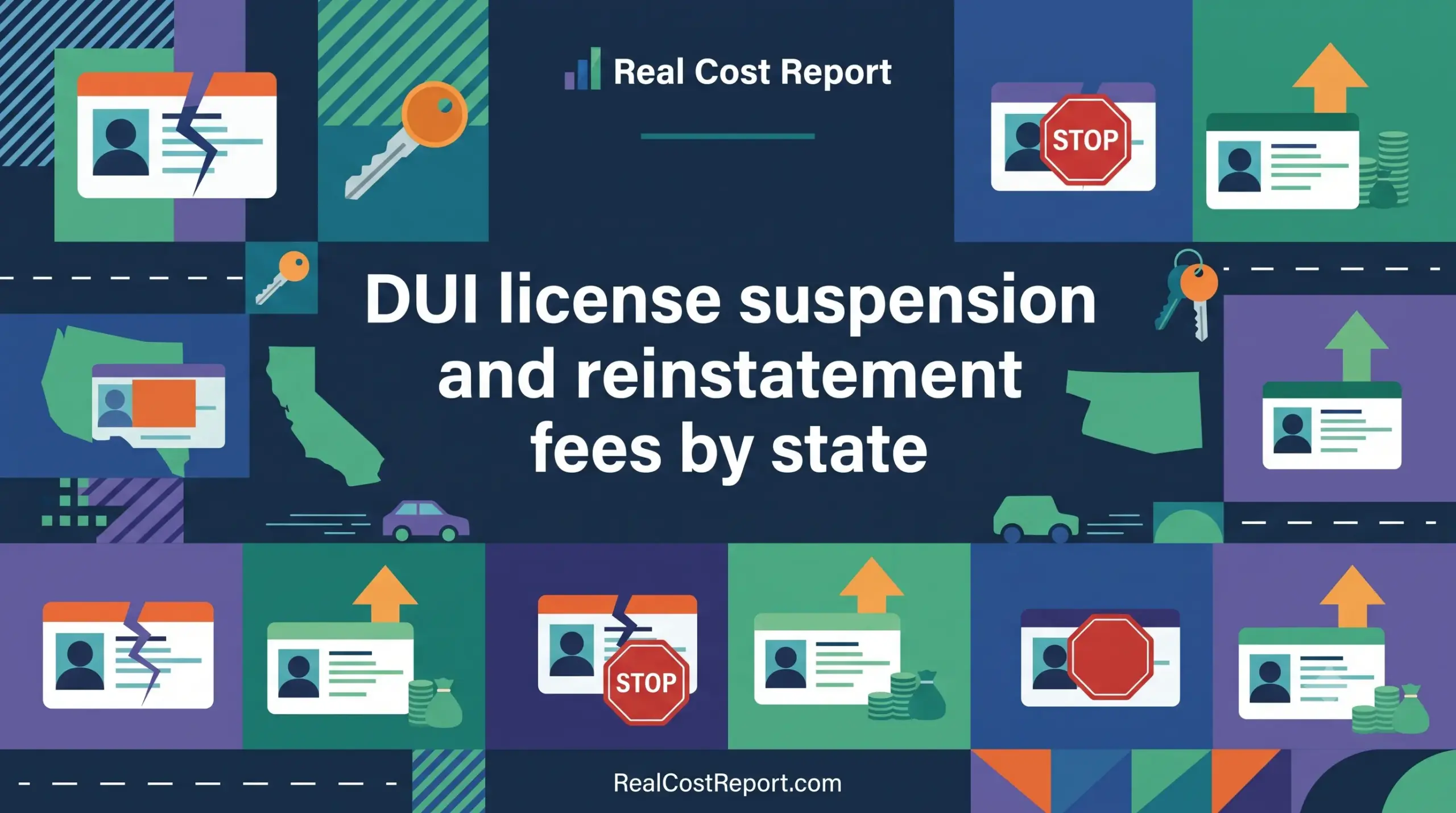 Geometric vector illustration with flat design icons showing broken licenses and fees for DUI license reinstatement.