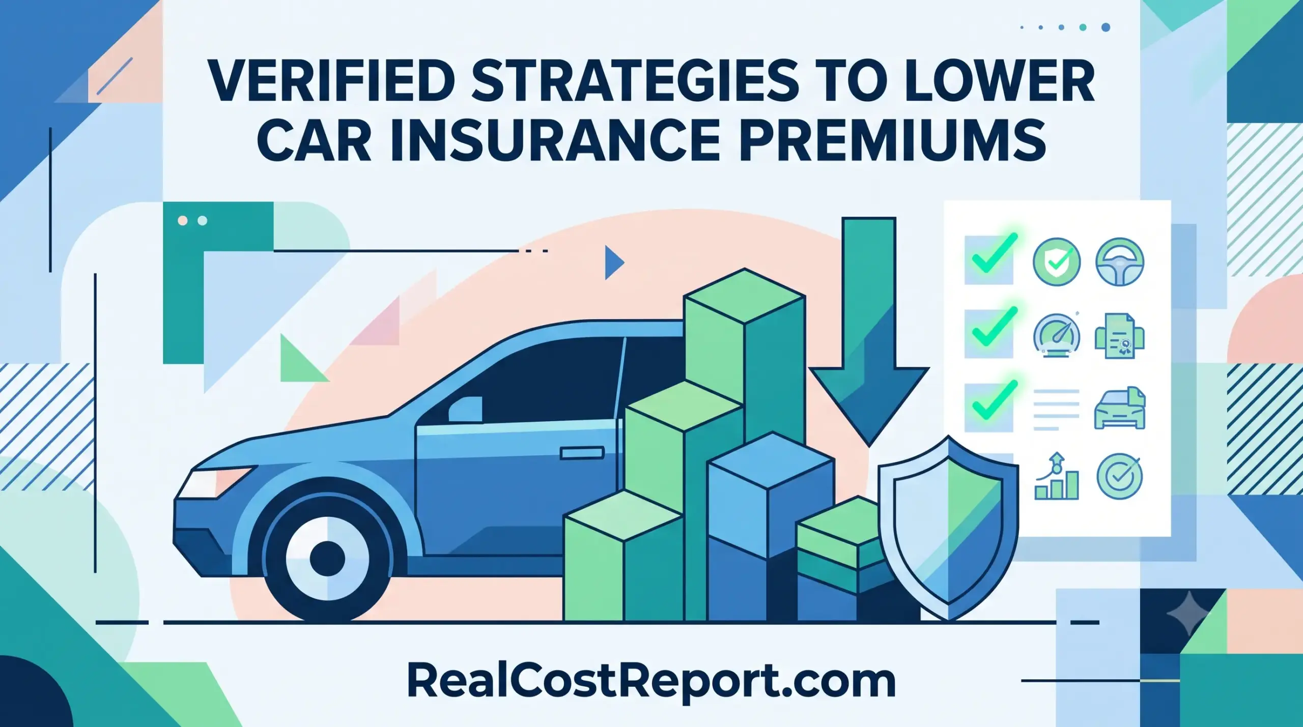 Geometric vector illustration showing a car, a checklist, and a downward arrow for lower car insurance premiums.
