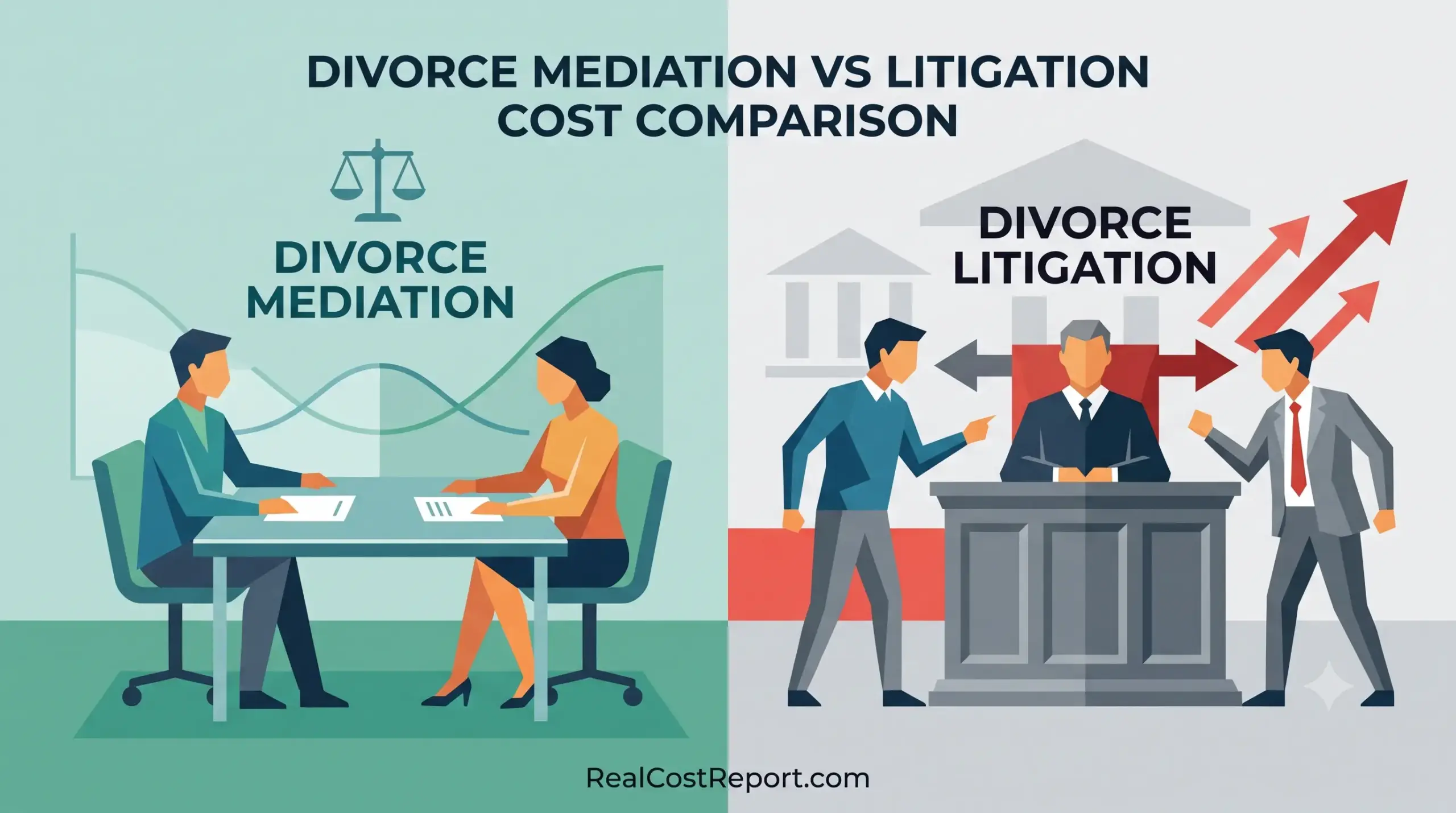 A vector illustration comparing calm divorce mediation at a table and expensive, adversarial divorce litigation in a courtroom.