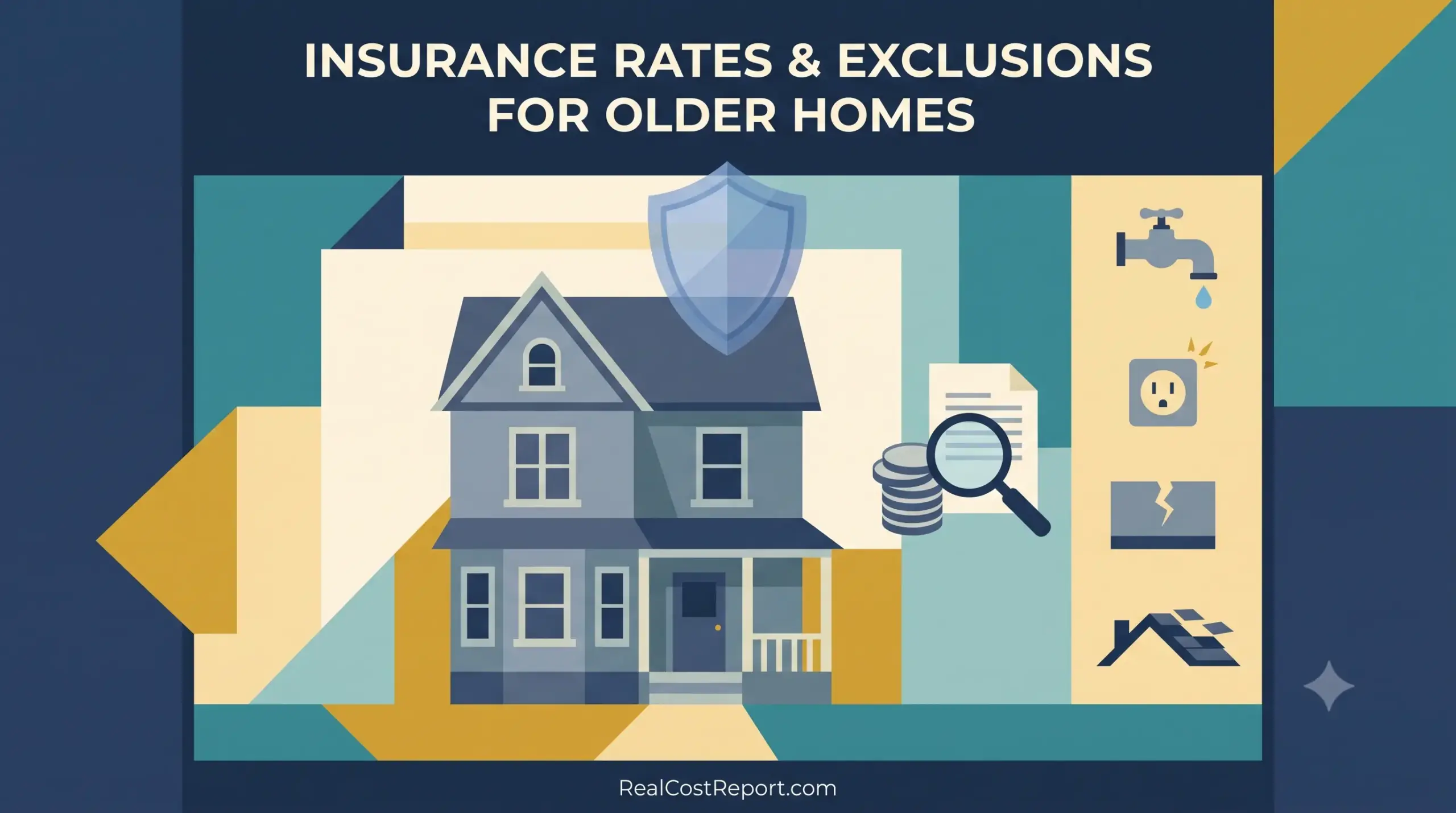 A flat geometric illustration shows a classic two-story home under a protective shield, with risk icons on the side.
