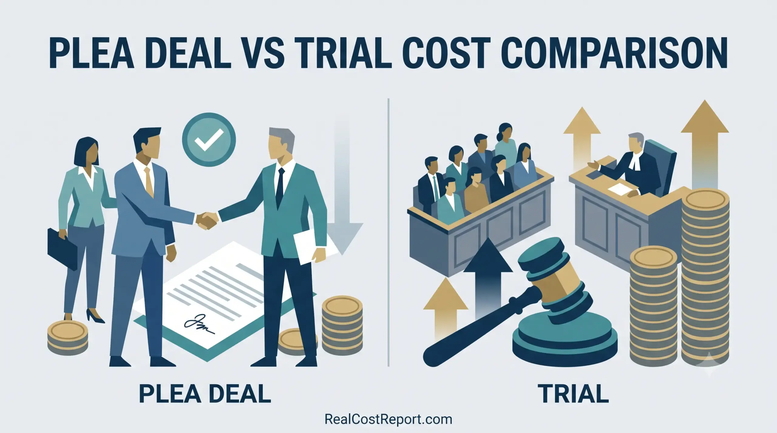 An illustration comparing the lower costs of a plea deal handshake versus the higher expenses of a full trial.