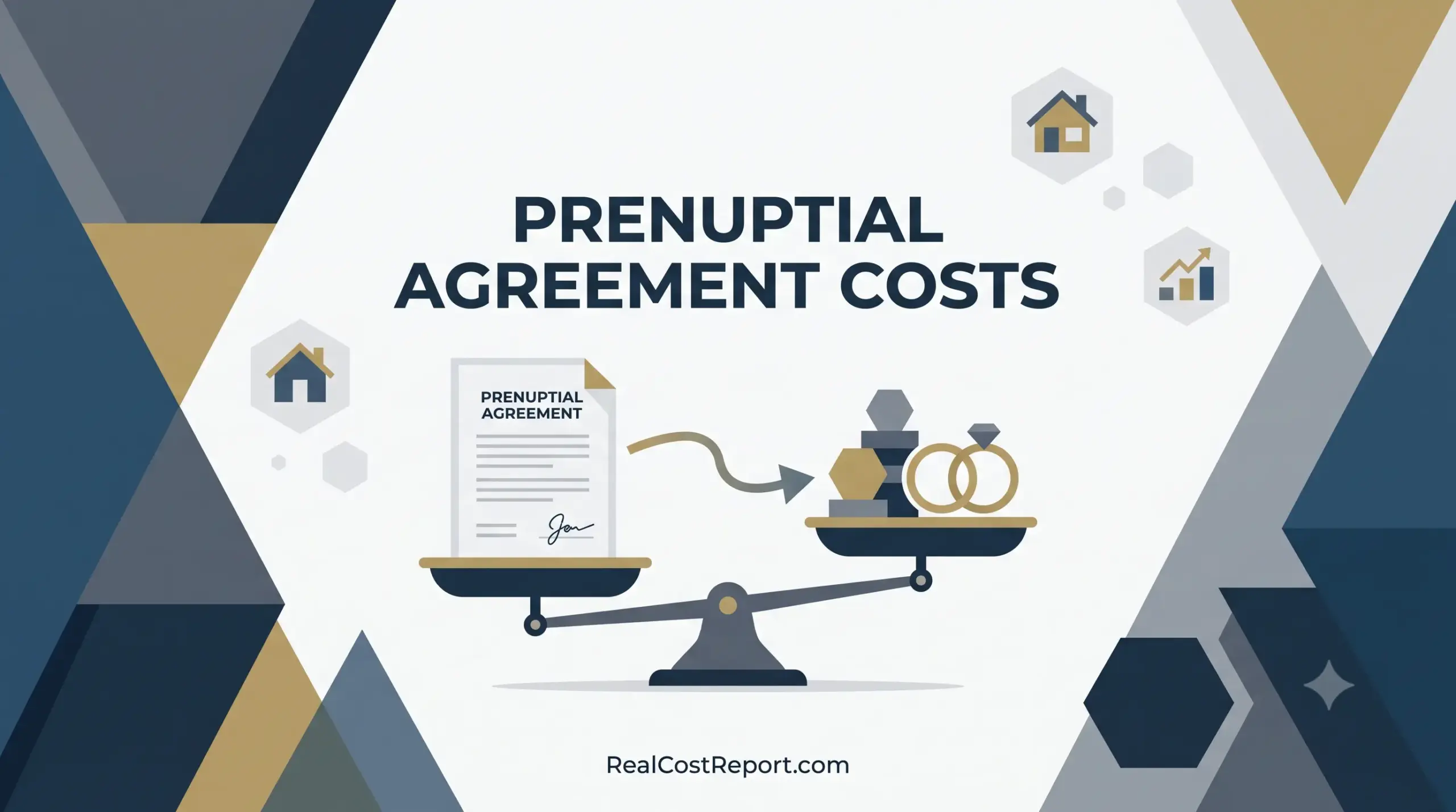 Vector illustration of a scale balancing a prenuptial agreement document against wedding rings and property assets.