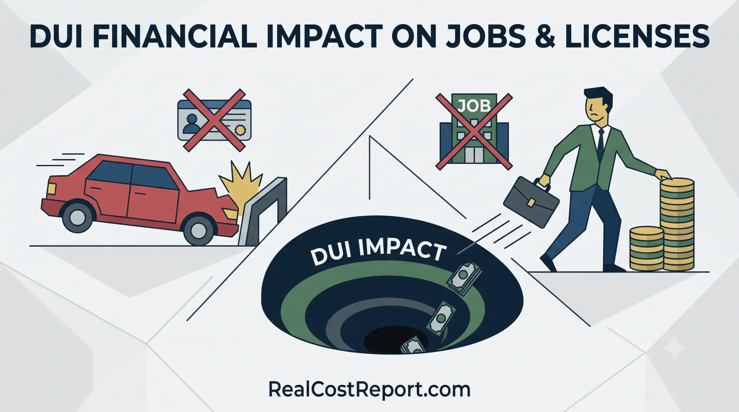 A modern vector infographic illustrating how a DUI leads to financial loss, career setbacks, and revoked professional licenses.