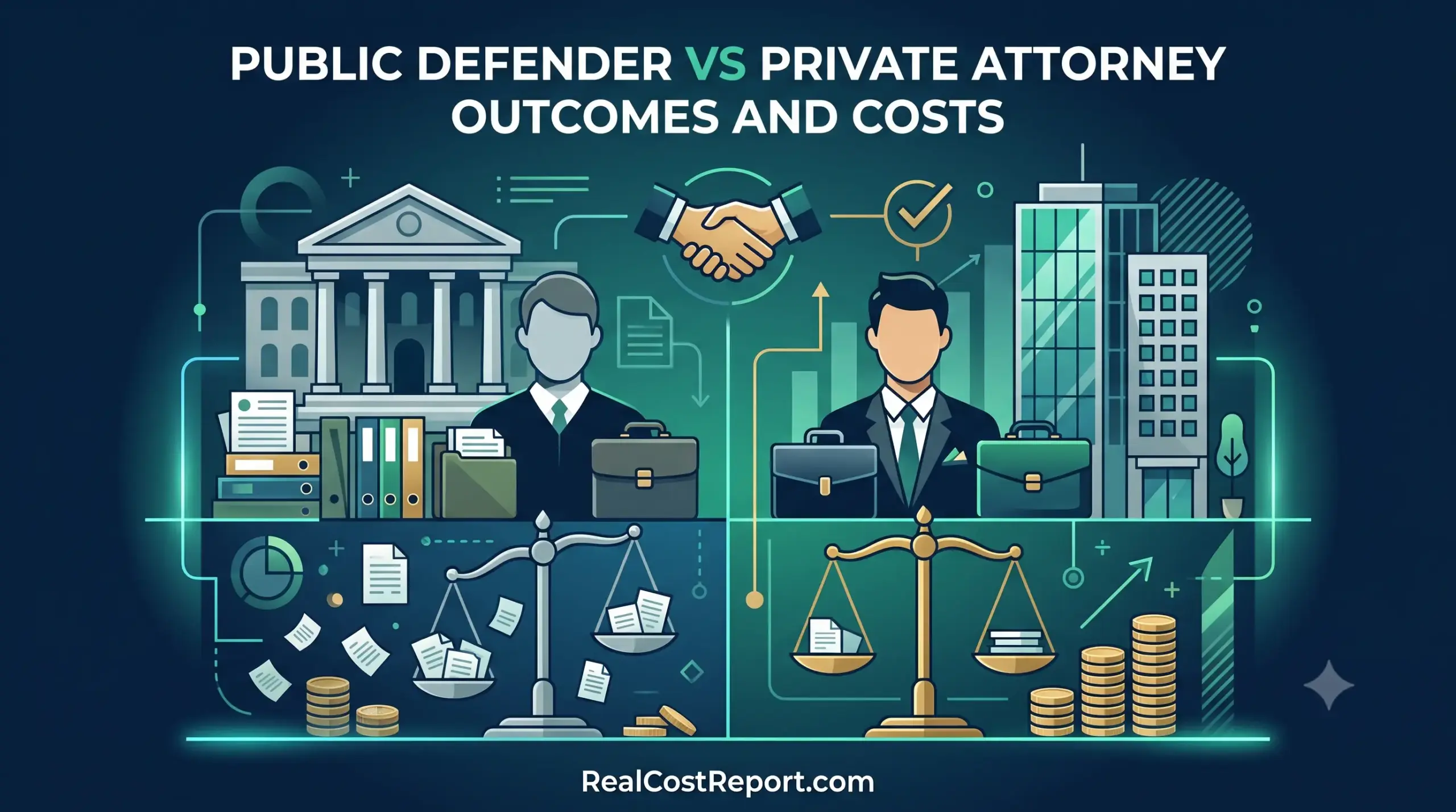 A split geometric illustration comparing a public defender and a private attorney, featuring court buildings, briefcases, and scales of justice. RealCostReport.com.