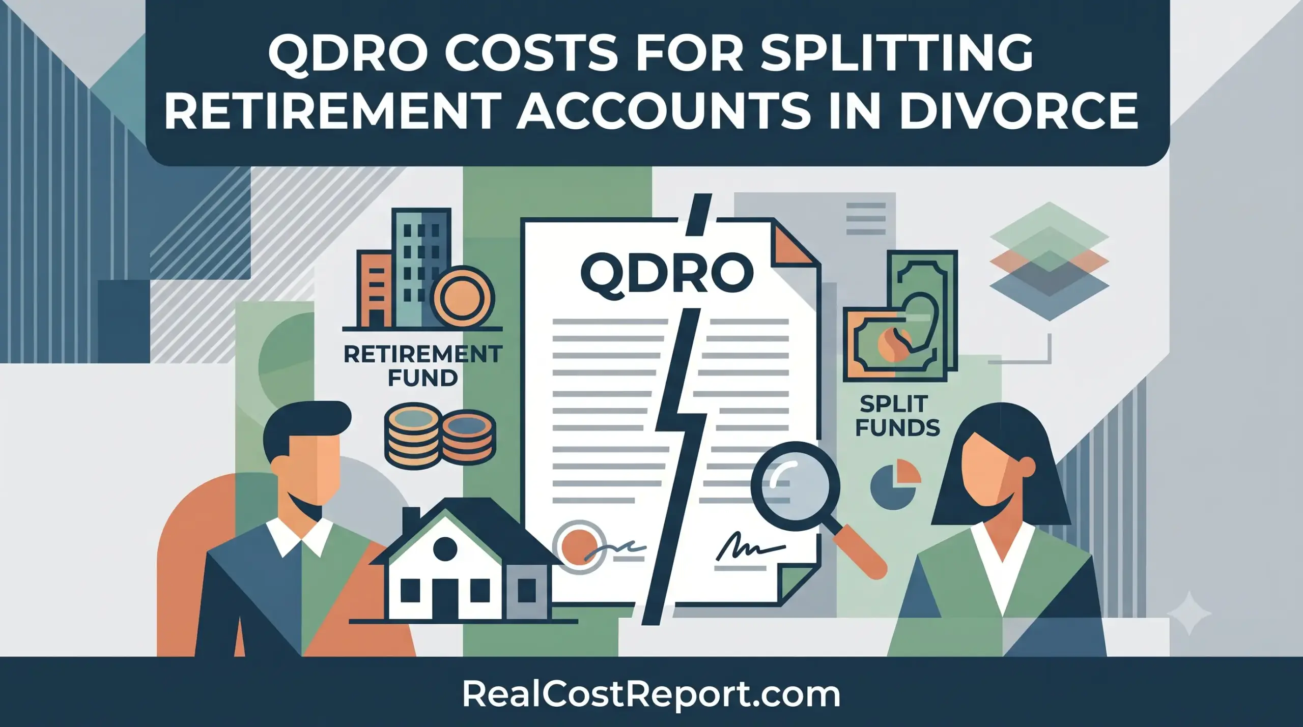 A geometric vector illustration for a Real Cost Report article about splitting retirement accounts and the associated QDRO costs.