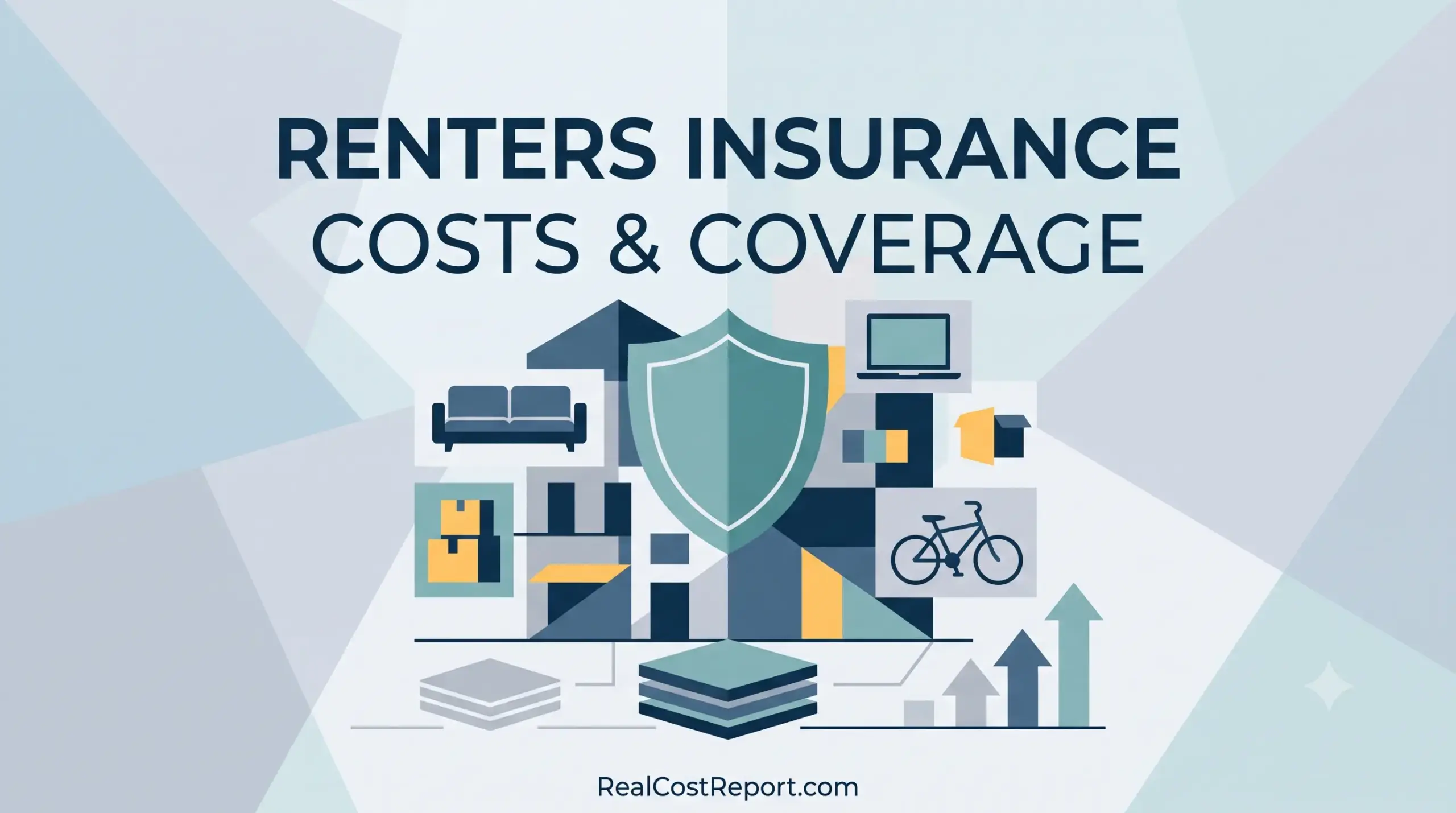 A geometric vector illustration for RealCostReport.com shows a protective shield over household items like a sofa, laptop, and bicycle.