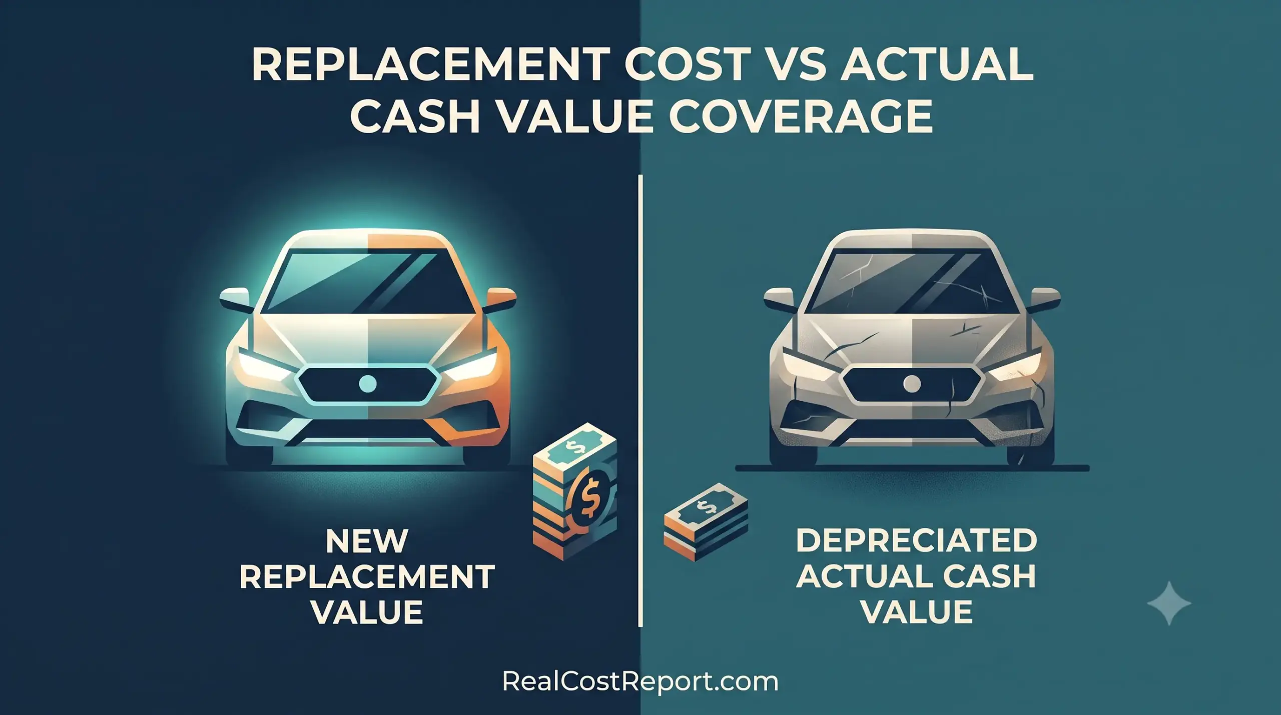 An editorial vector illustration comparing 'NEW REPLACEMENT VALUE' with a glowing car and a large stack of cash vs 'DEPRECIATED ACTUAL CASH VALUE' with a damaged car and smaller stack.