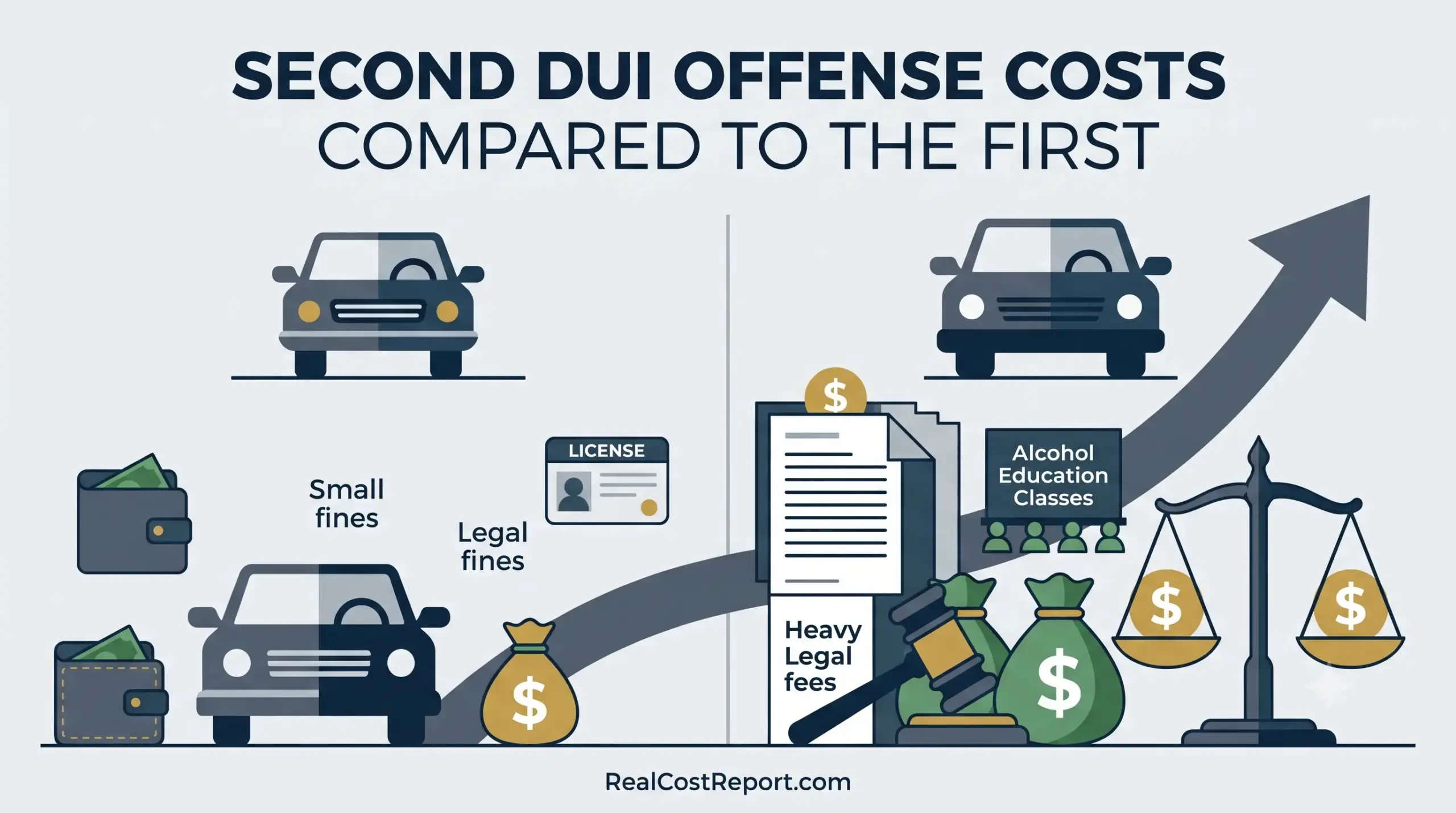 A modern infographic illustration comparing the escalating financial and legal burdens between a first and second DUI offense.