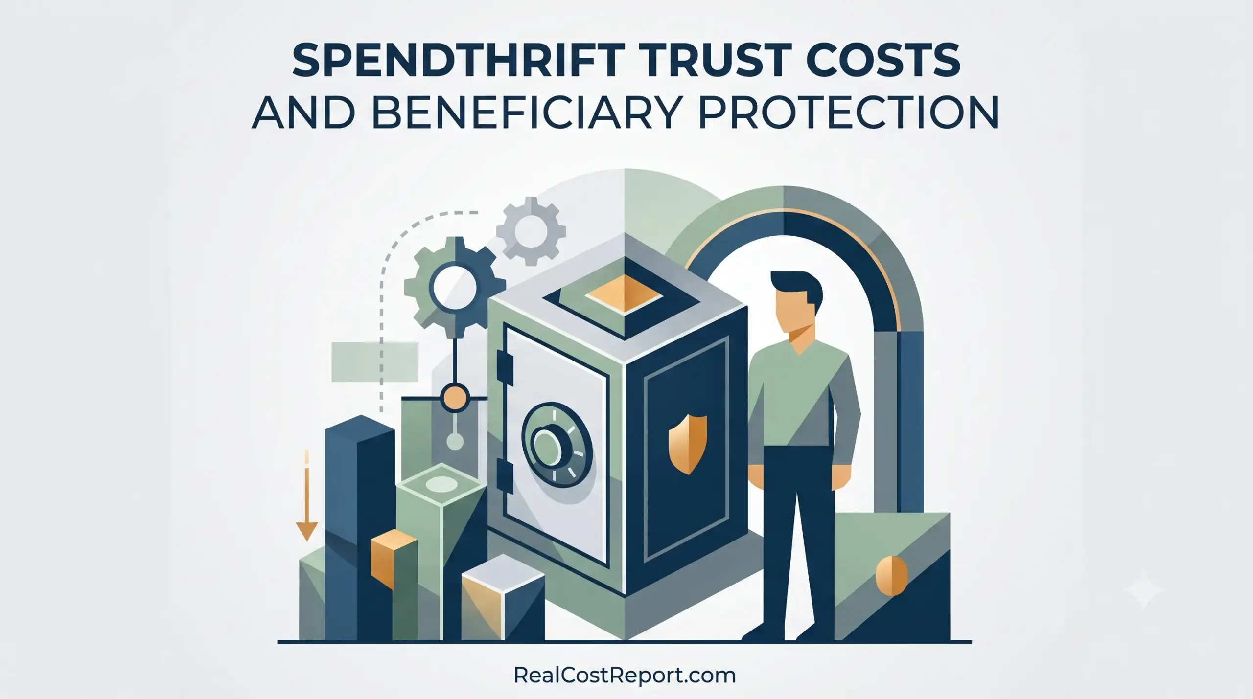 Geometric vector illustration with a safe, a protected person, and gears, representing spendthrift trust costs and beneficiary protection.