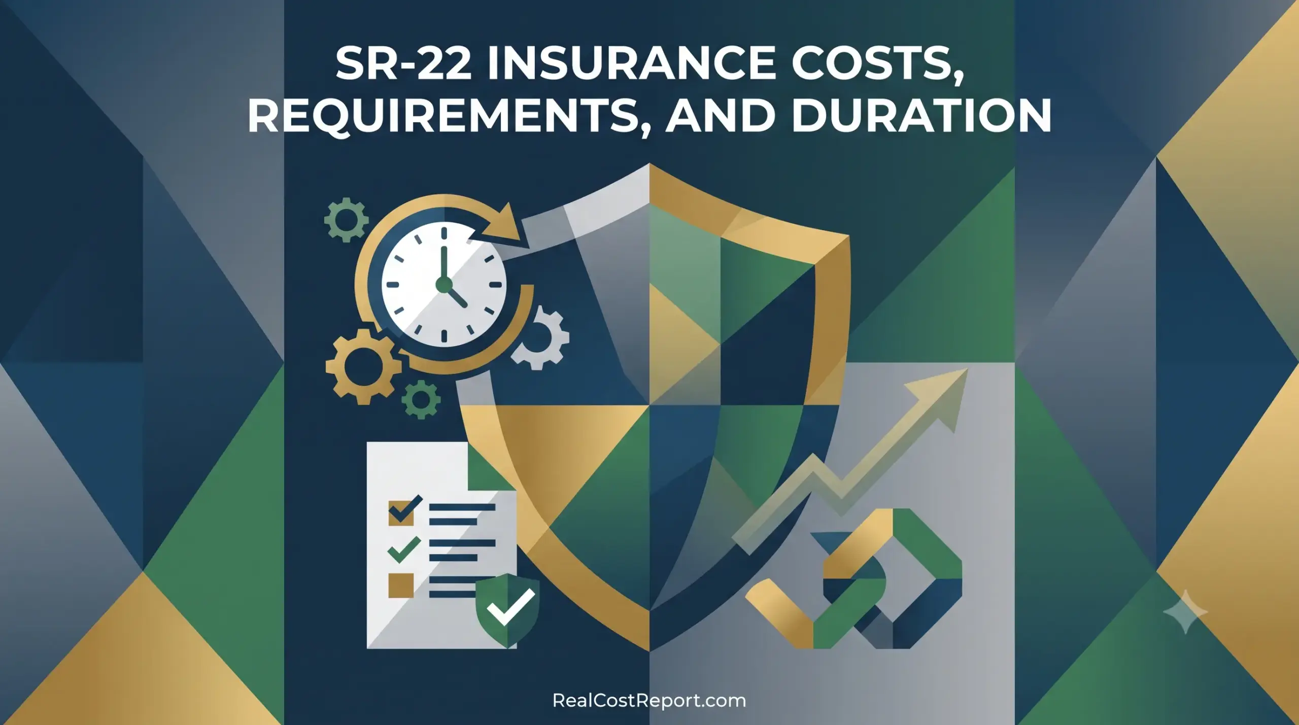 Geometric vector illustration for SR-22 insurance article, featuring a shield, clock, checklist, and rising arrow on a faceted background.