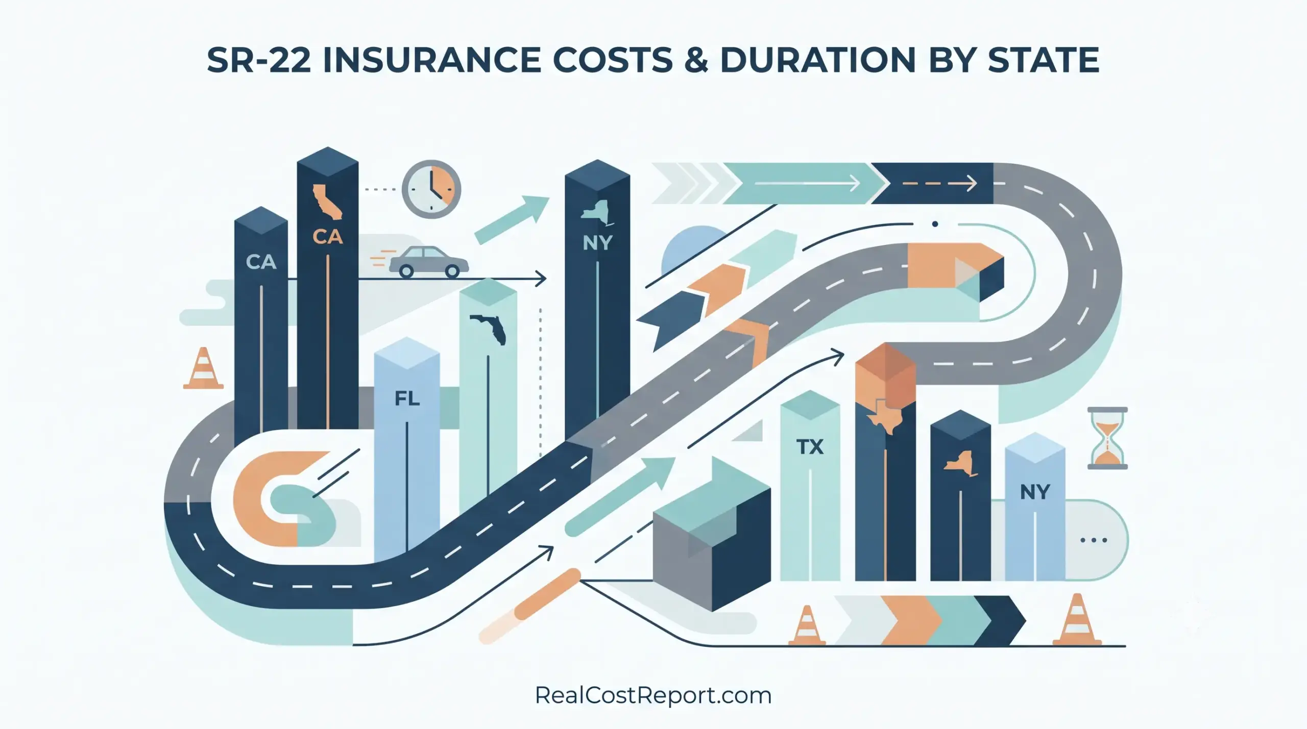 Geometric infographic illustrating SR-22 insurance costs and filing durations for various US states with road and data symbols.