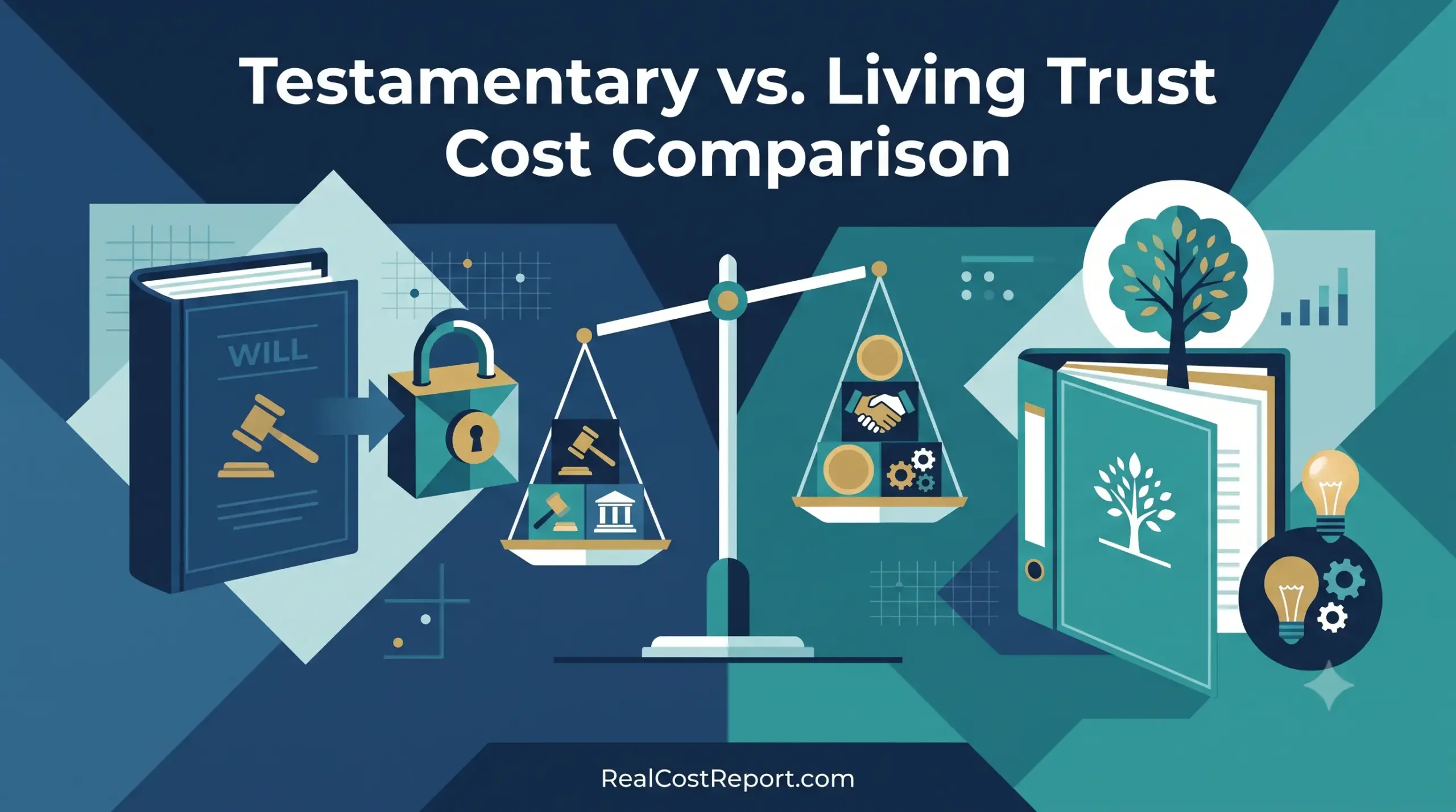 Modern flat geometric illustration comparing testamentary and living trust costs with scales, documents, and icons.