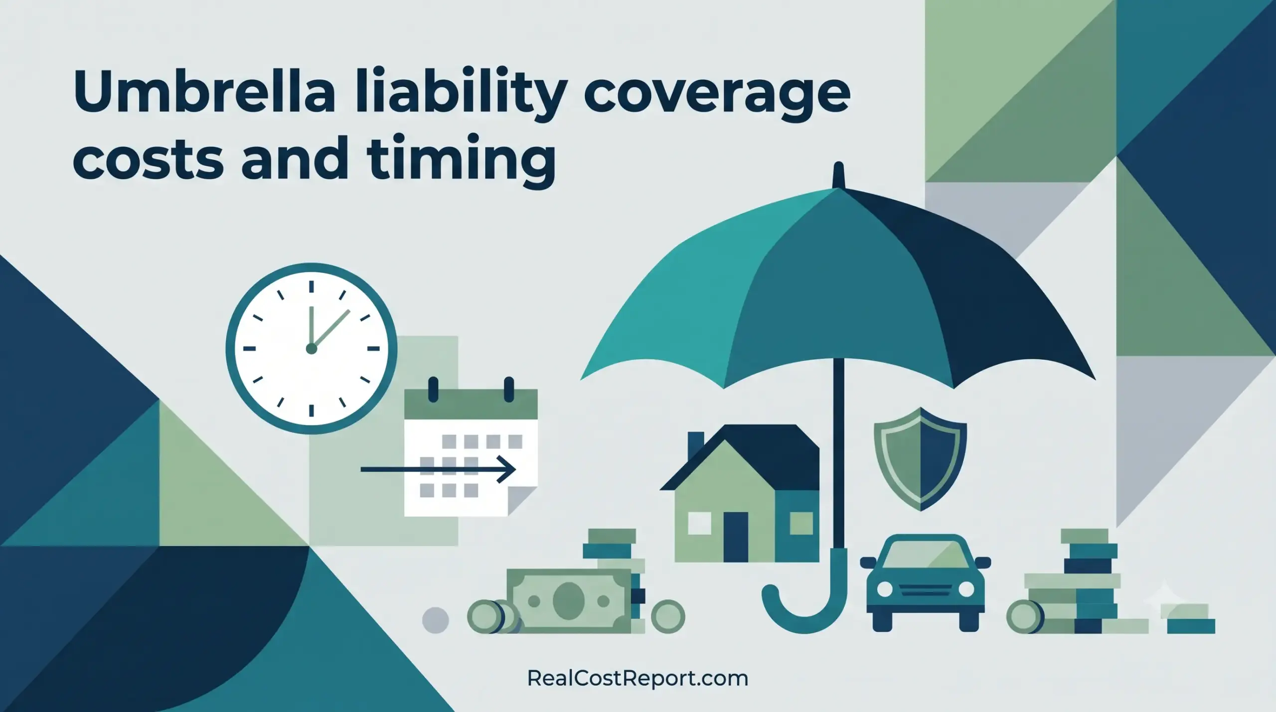 An illustration showing an umbrella over assets, with a clock and calendar, illustrating liability coverage costs and timing.