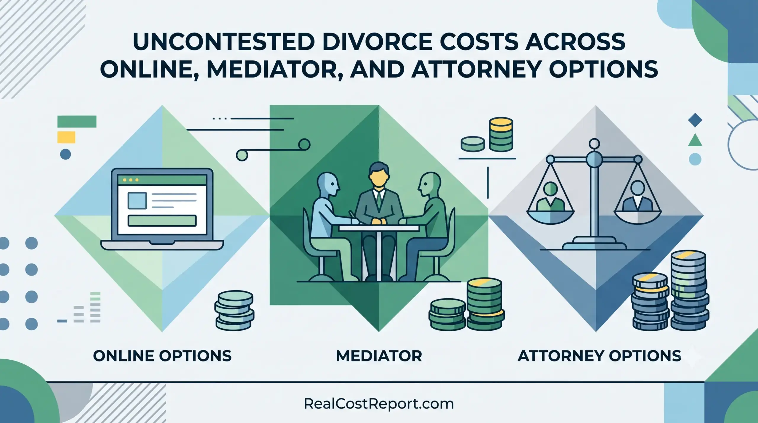 A geometric illustration compares the costs of online, mediator, and attorney options for an uncontested divorce.