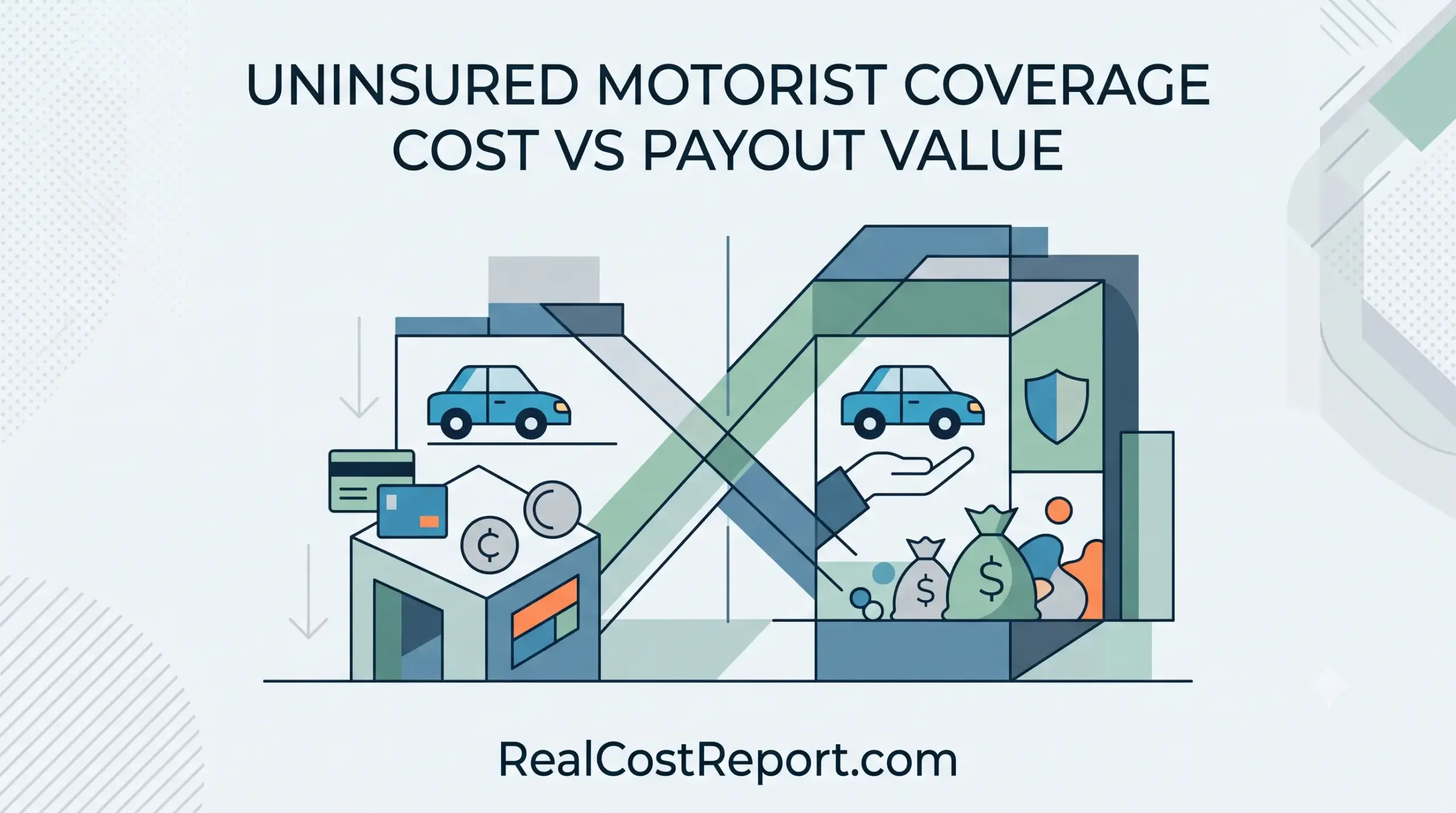 A modern vector illustration comparing insurance cost icons (coins, cards) to a large payout package including a car and shield.