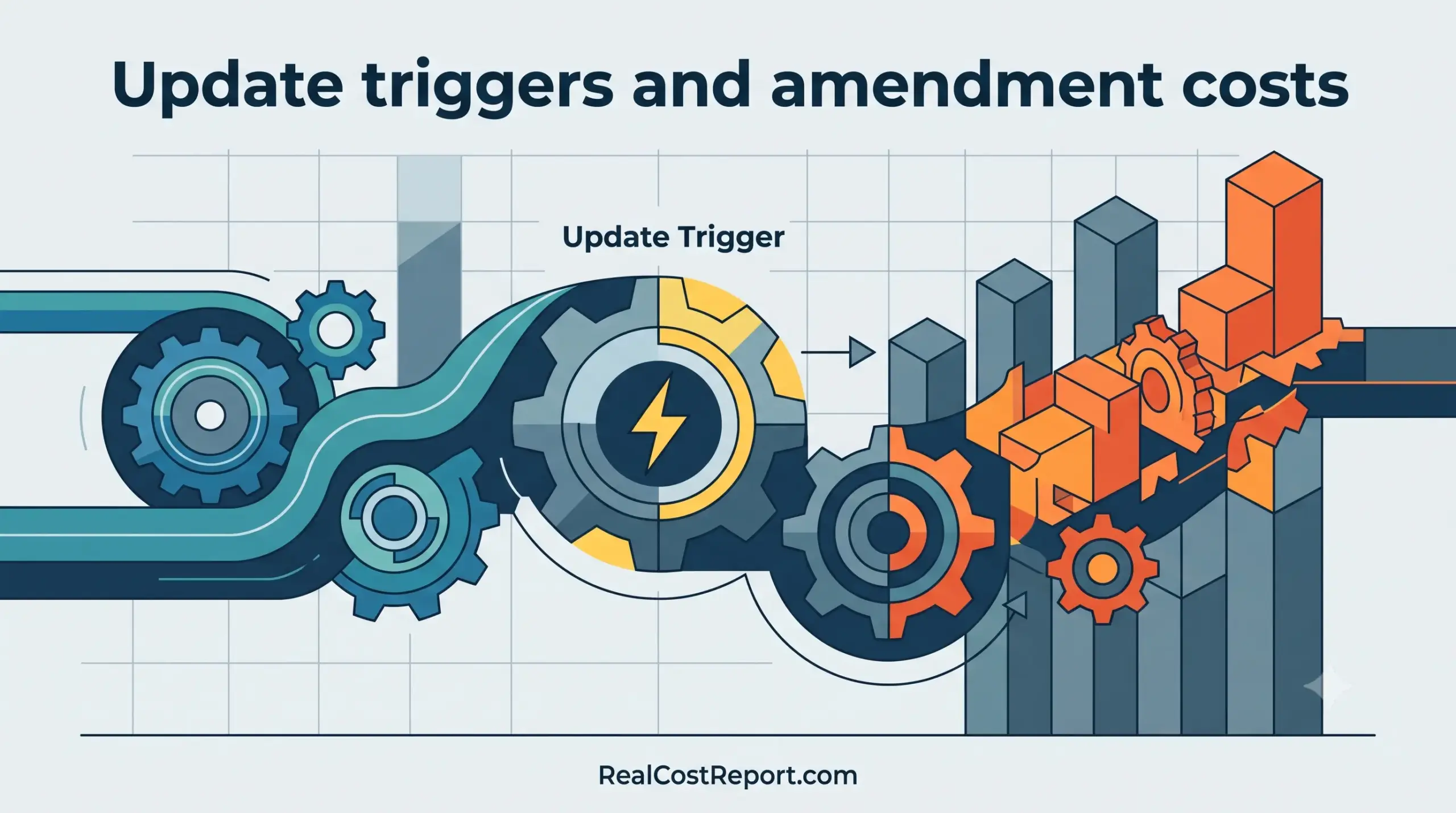 Abstract geometric illustration of interconnected gears triggering a shift in structural blocks, representing update and amendment costs.