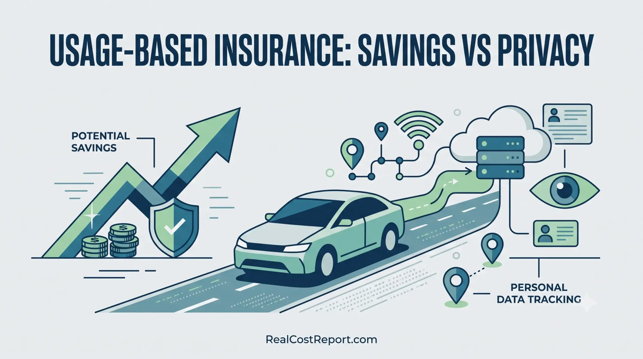 A flat geometric illustration comparing potential insurance savings versus personal data tracking for a connected car.
