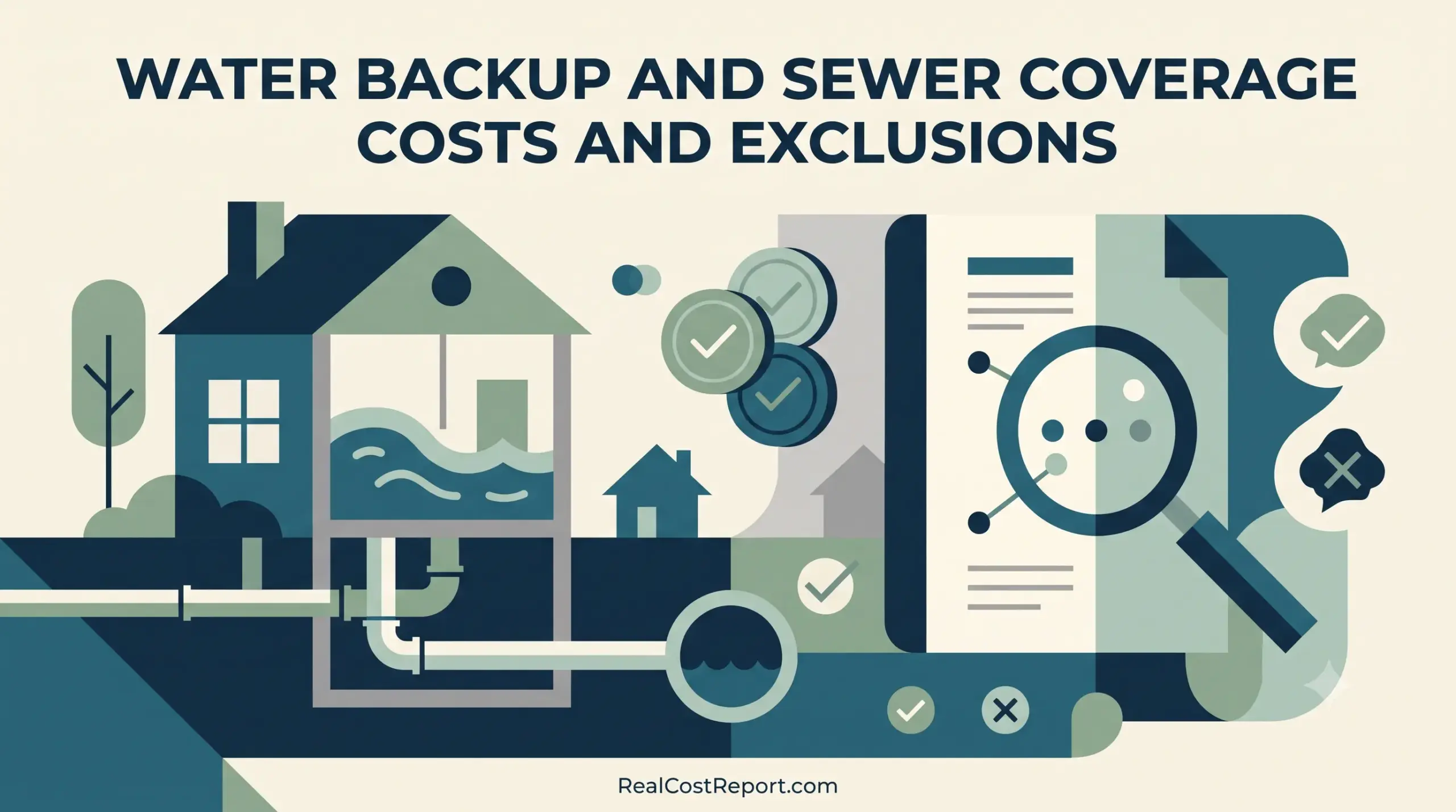 A flat vector illustration showing a house with flooded pipes next to an insurance document and a magnifying glass.