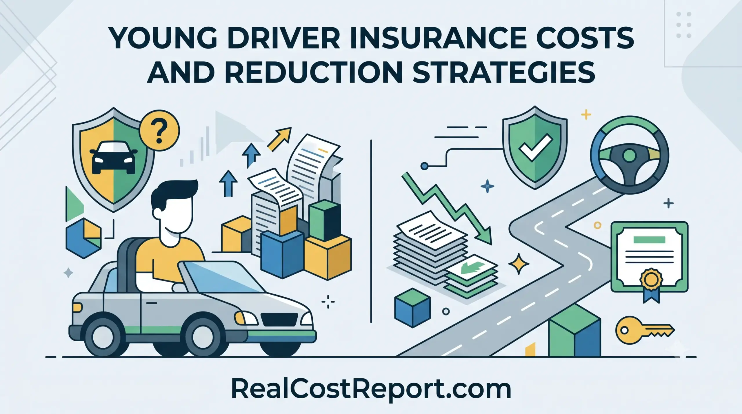 Geometric vector graphic featuring a car, insurance shield, and road, titled Young Driver Insurance Costs and Reduction Strategies.