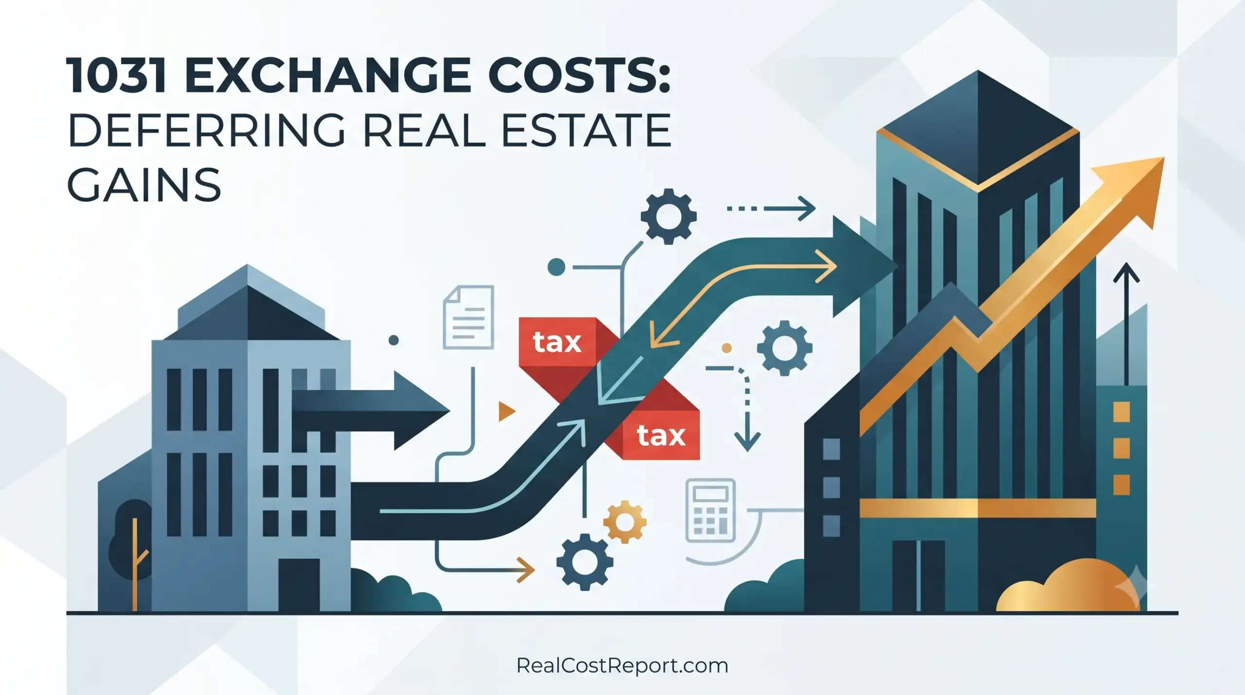A vector illustration with buildings and arrows, demonstrating the cost process of a 1031 real estate exchange.