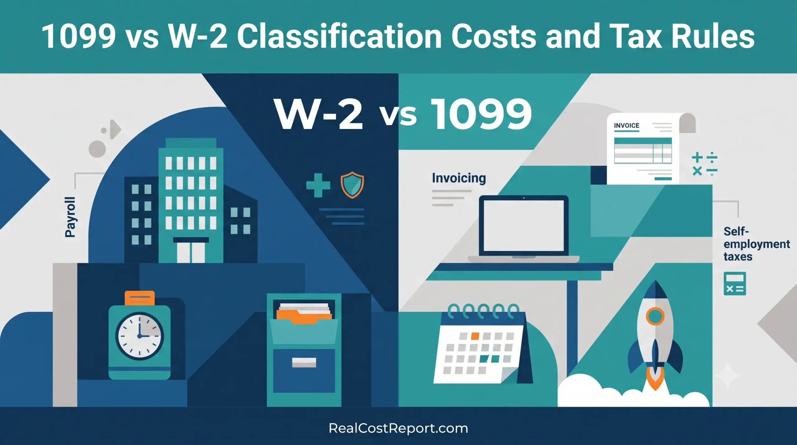 A split geometric vector illustration comparing W-2 employment with building and clock icons against 1099 contracting with laptop and rocket icons.
