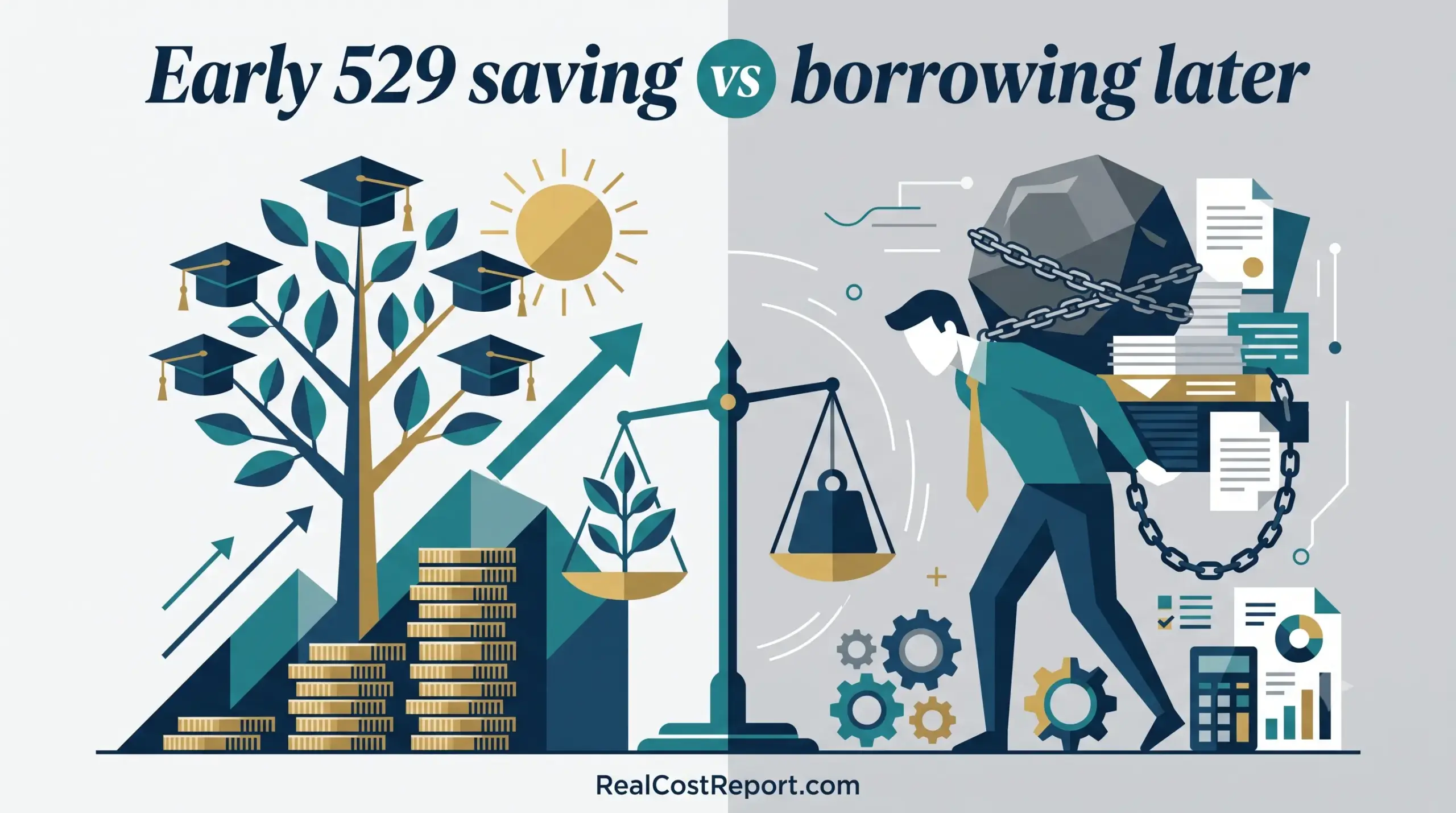 A vector illustration comparing a money tree representing early savings with a person carrying heavy chains of debt.