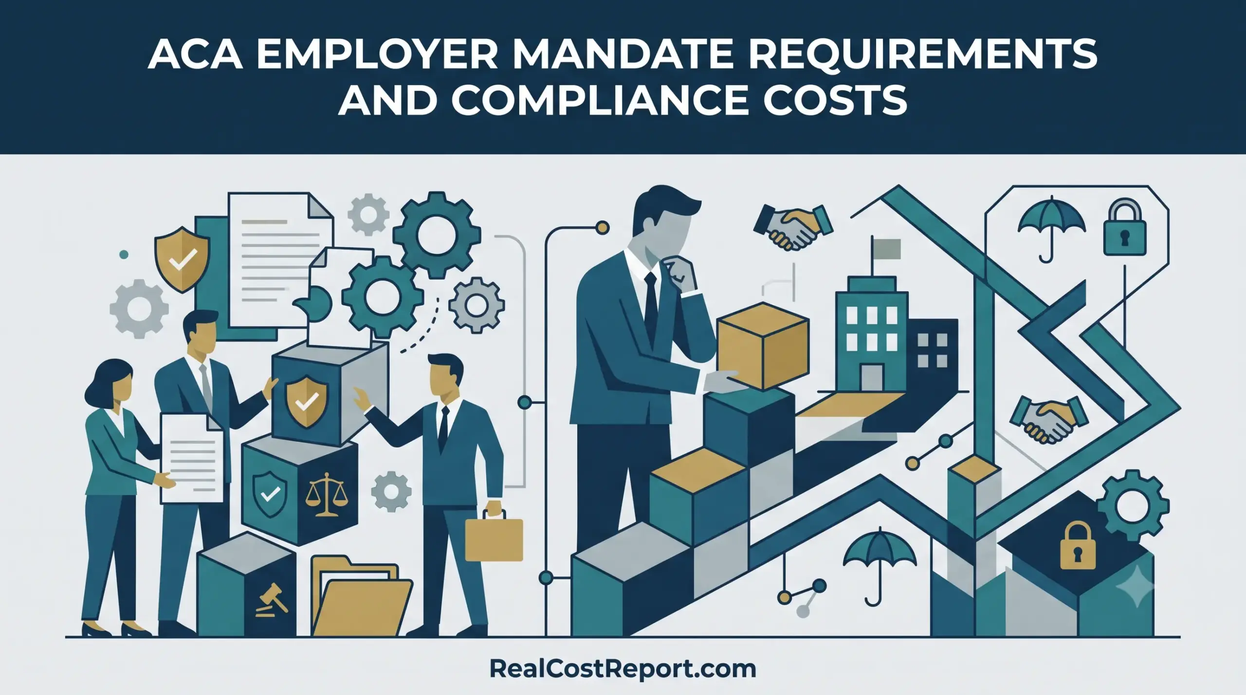 A geometric vector illustration showing business people managing stacked blocks and gears, titled 'ACA employer mandate requirements and compliance costs'.