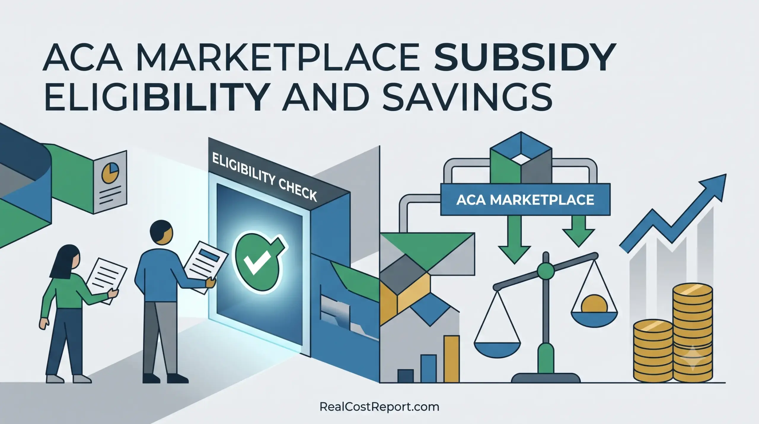 A clean vector illustration depicting people reviewing documents for an eligibility check and an arrow pointing up on a savings graph.