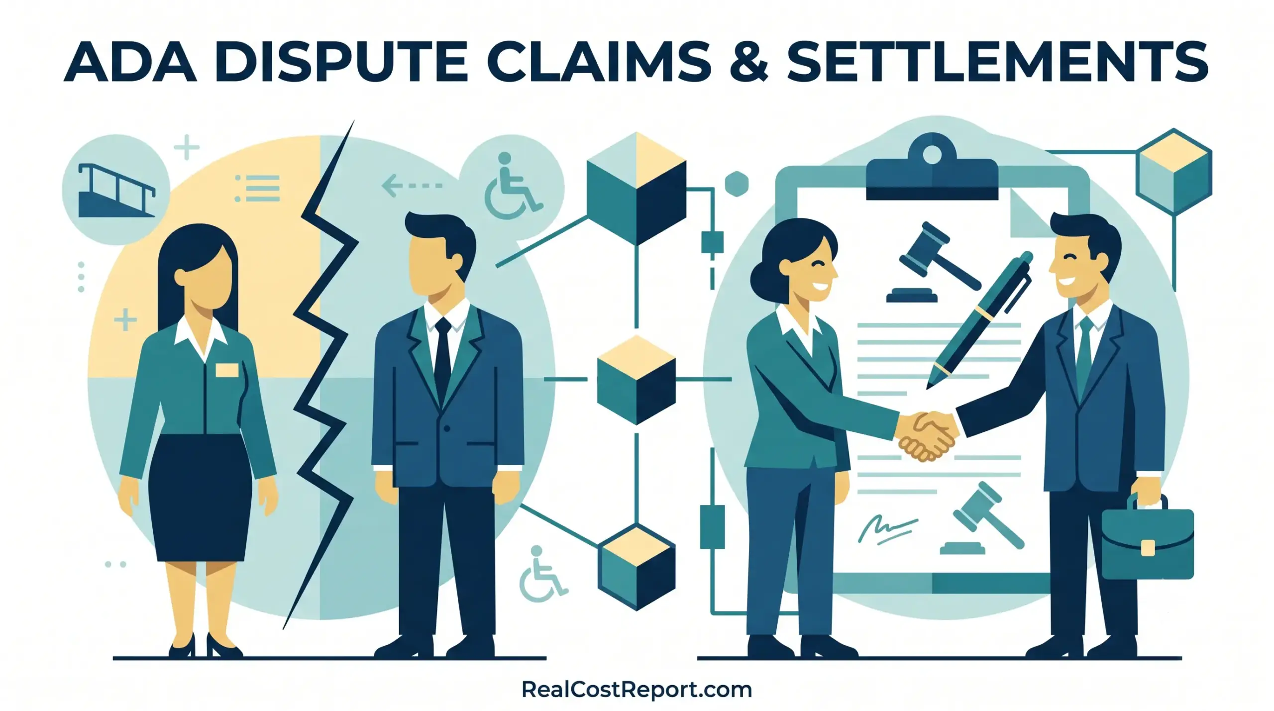 A geometric vector illustration showing a business dispute and a handshake settlement over ADA accommodation claims.