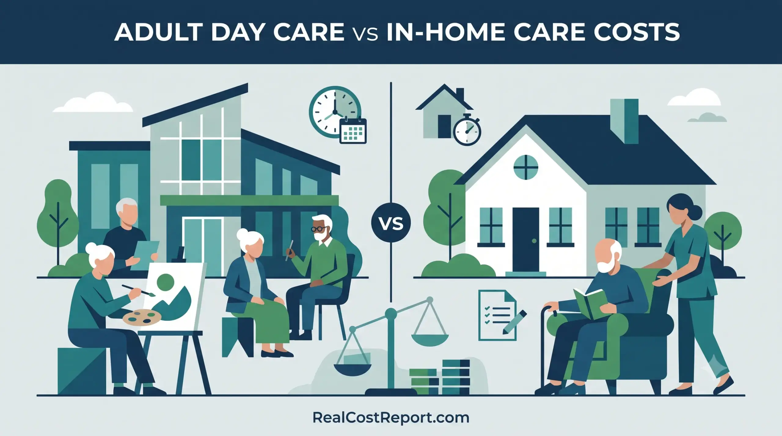 A vector illustration comparing adult day care center activities and costs to personalized in-home care services on a split screen.