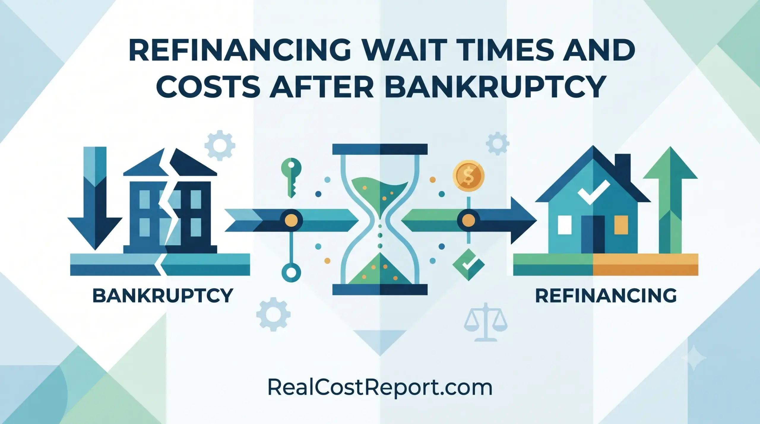 Geometric illustration showing a timeline with a crumbling house for bankruptcy, an hourglass, and a restored home for refinancing.