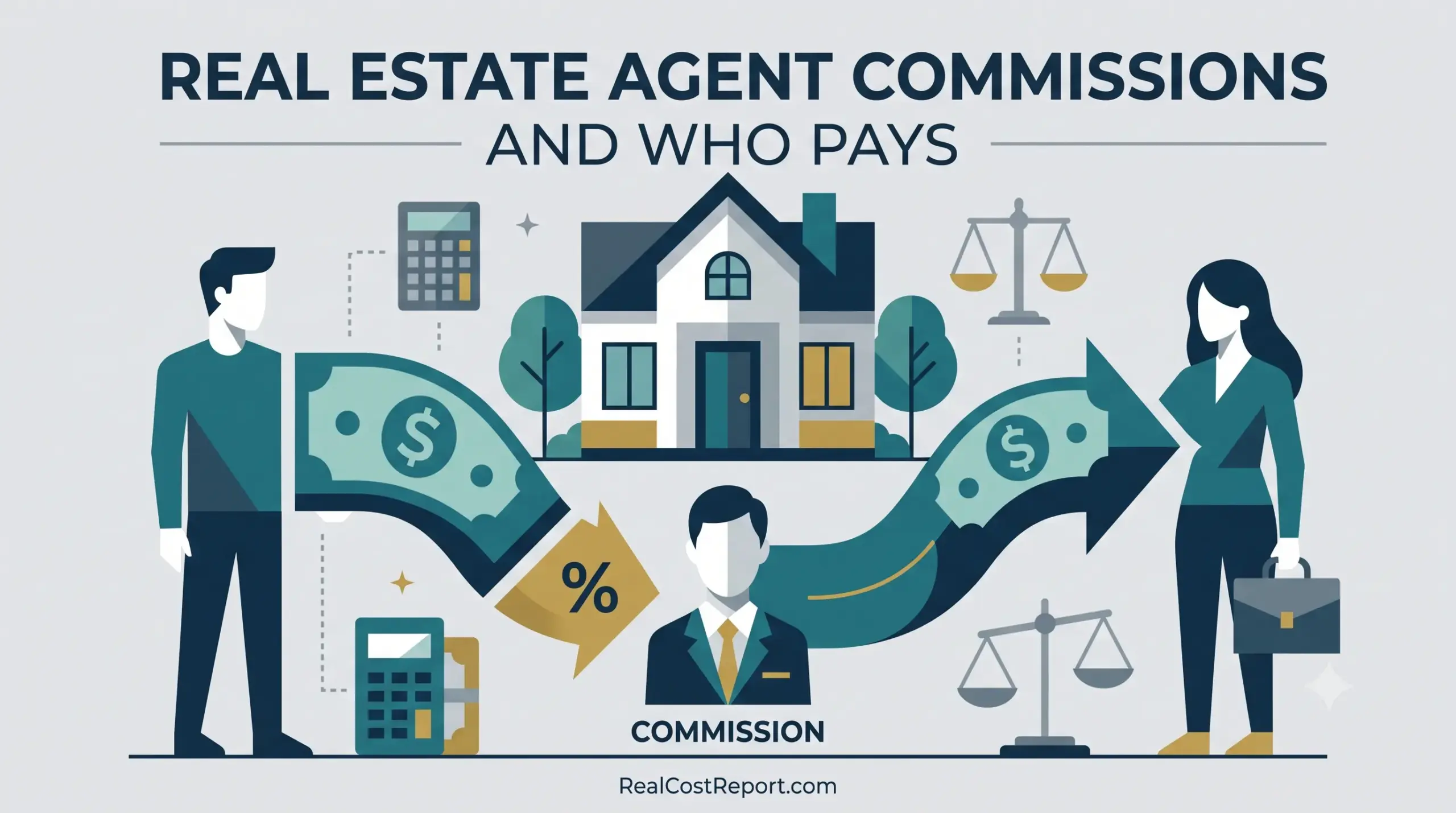 A modern geometric illustration showing a real estate transaction with cash flow, a commission figure, a house, and calculators.