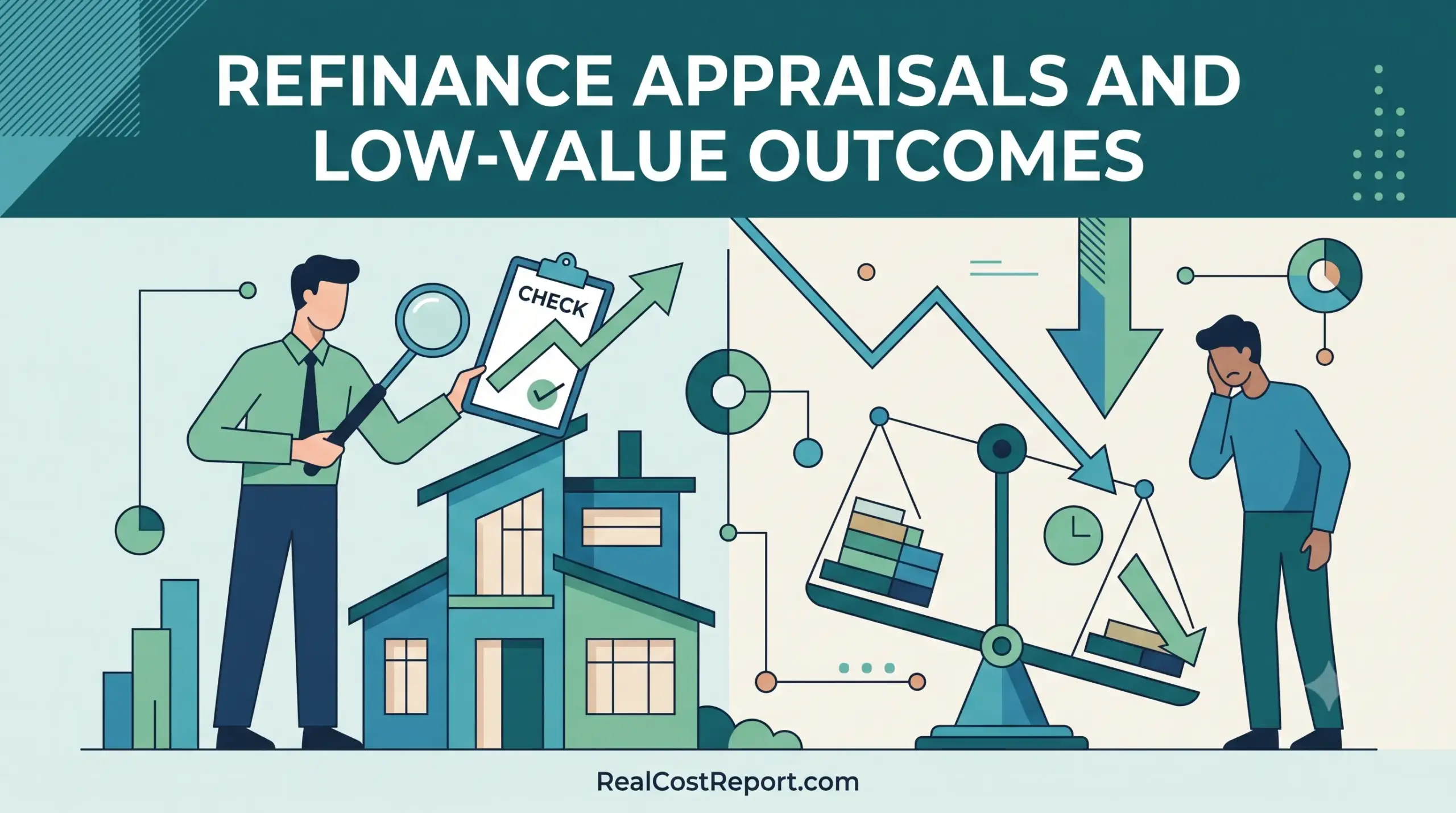 Flat vector illustration showing an appraiser inspecting a house, and a concerned man watching values decline.