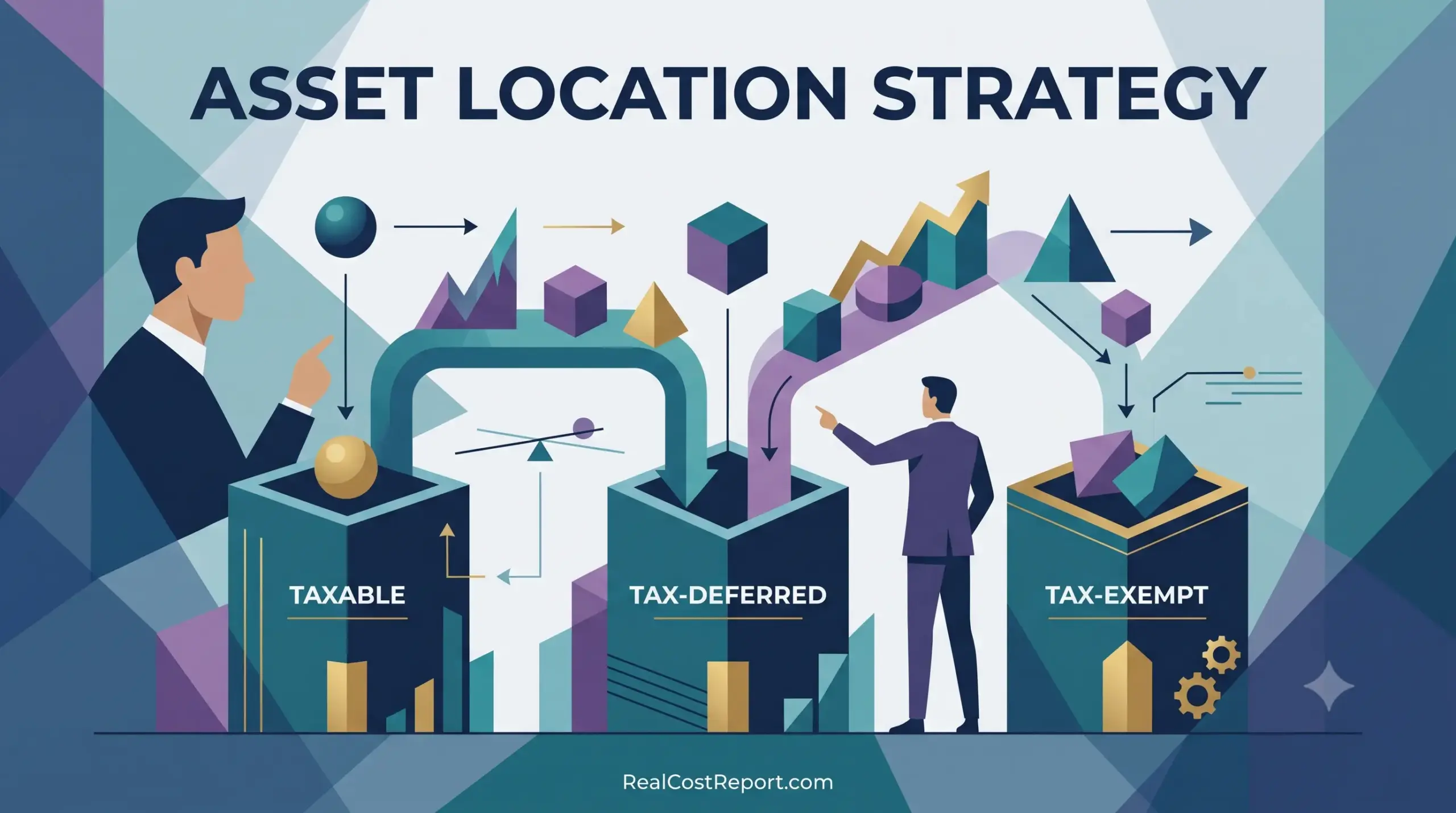 Geometric vector illustration of advisors placing assets into taxable, tax-deferred, and tax-exempt containers with the title ASSET LOCATION STRATEGY.
