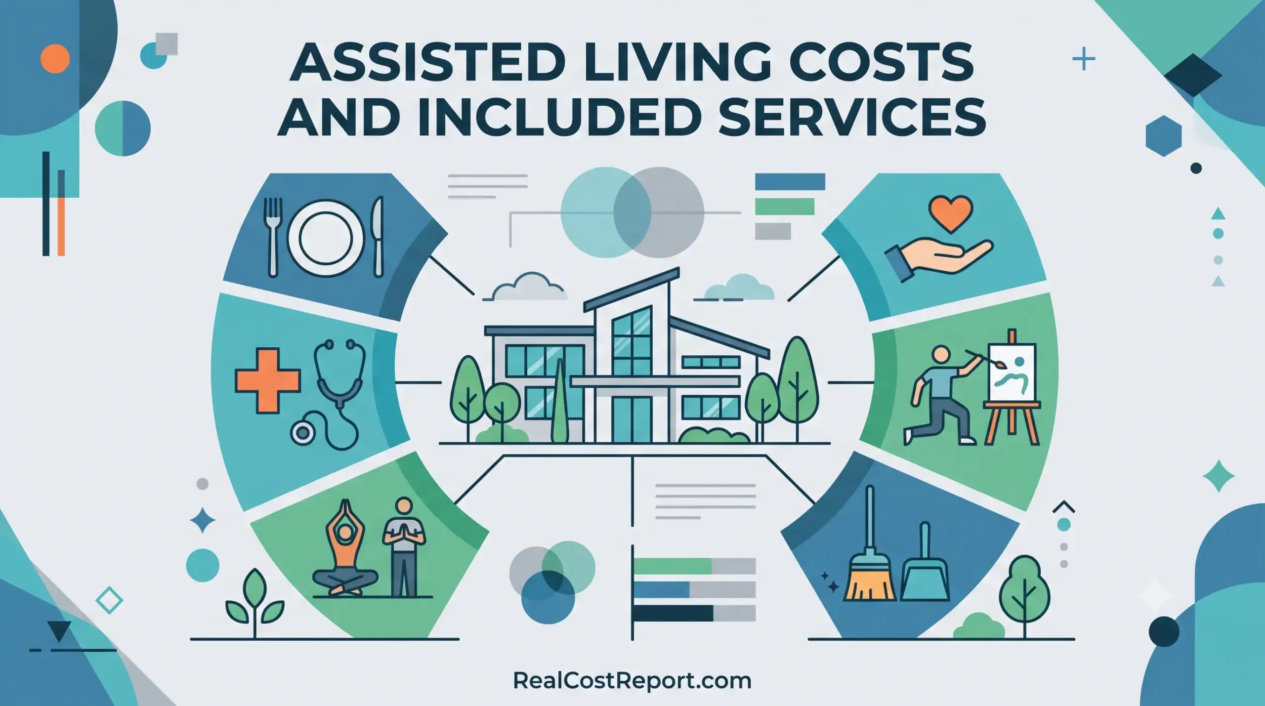 Geometric vector illustration for an article titled "Assisted Living Costs and Included Services," featuring icons for dining, healthcare, and wellness.
