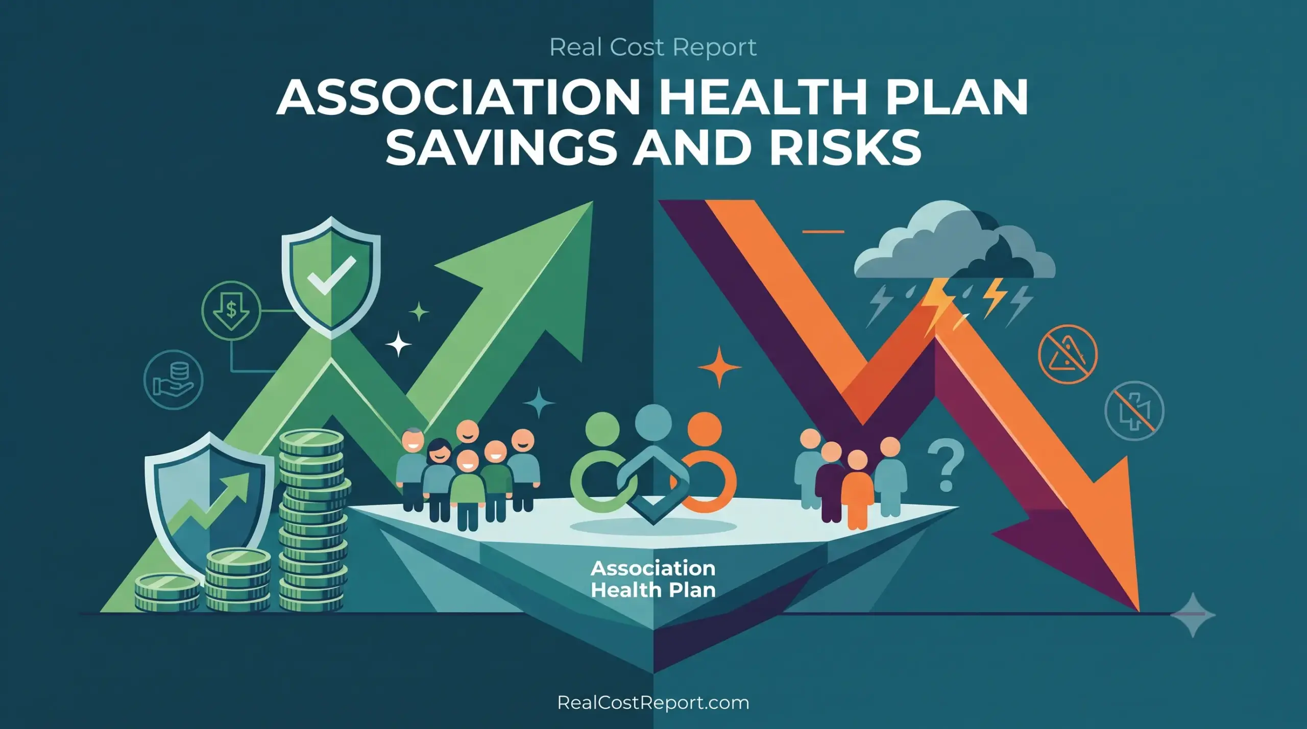Split geometric illustration showing growing coins and shields on the green 'savings' side, versus stormy clouds and falling arrows on the orange 'risks' side.