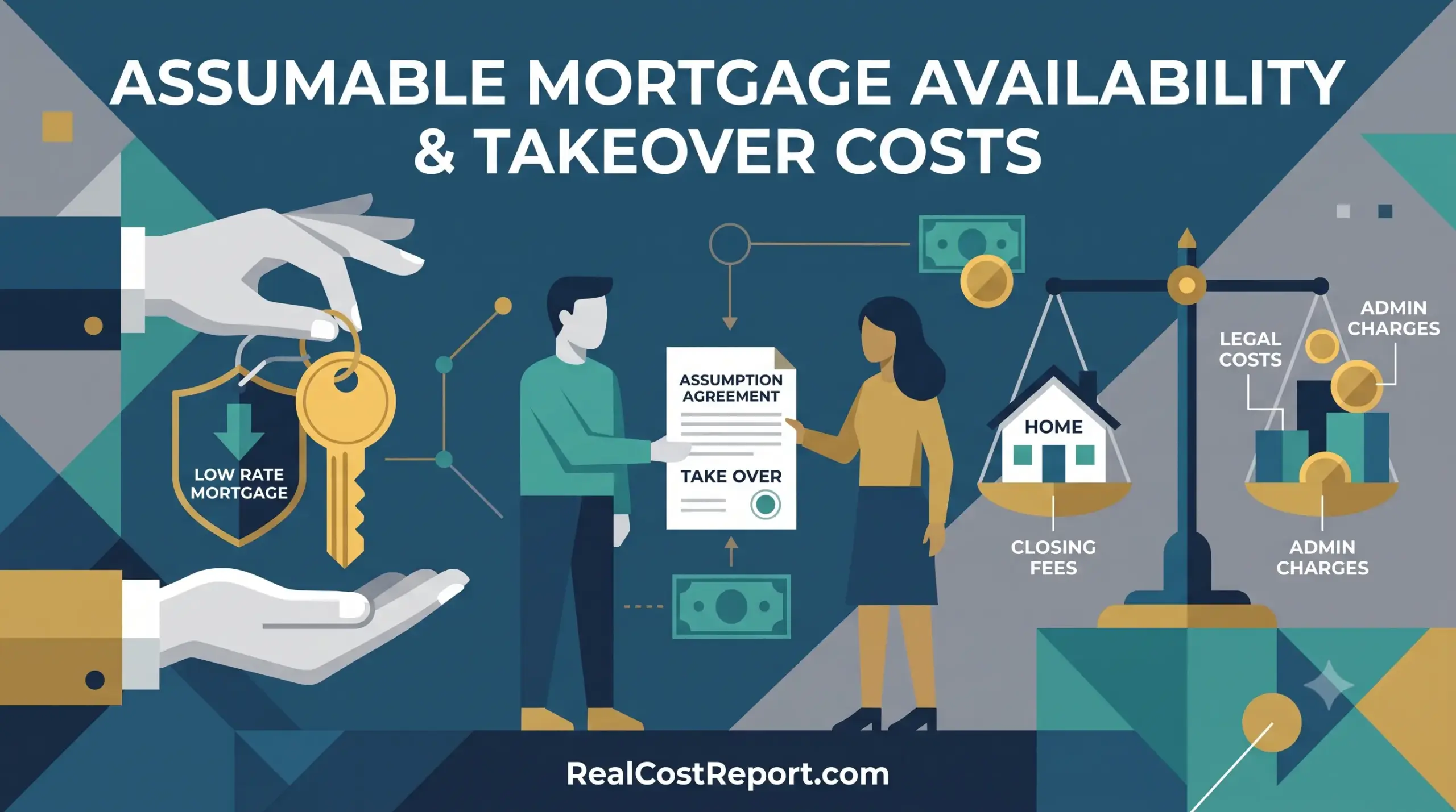 A modern, geometric vector illustration showing hands passing a key to two figures for an assumable mortgage takeover, with a scale balancing house and various cost-related icons, including labels for closing fees, legal, and admin costs. RealCostReport.com at the bottom.
