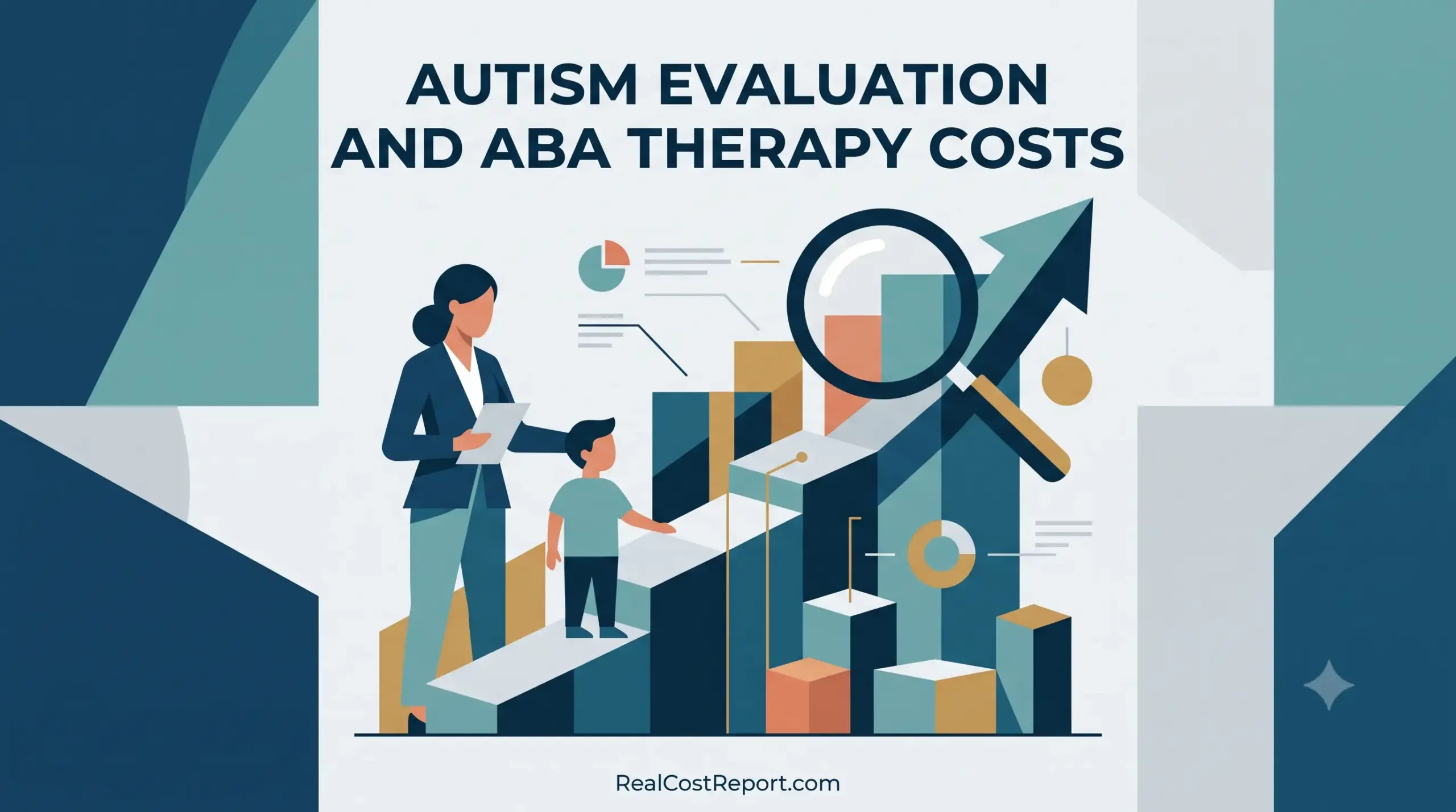 Modern illustration about autism evaluation and ABA therapy costs featuring a woman and child analyzing financial bar charts.