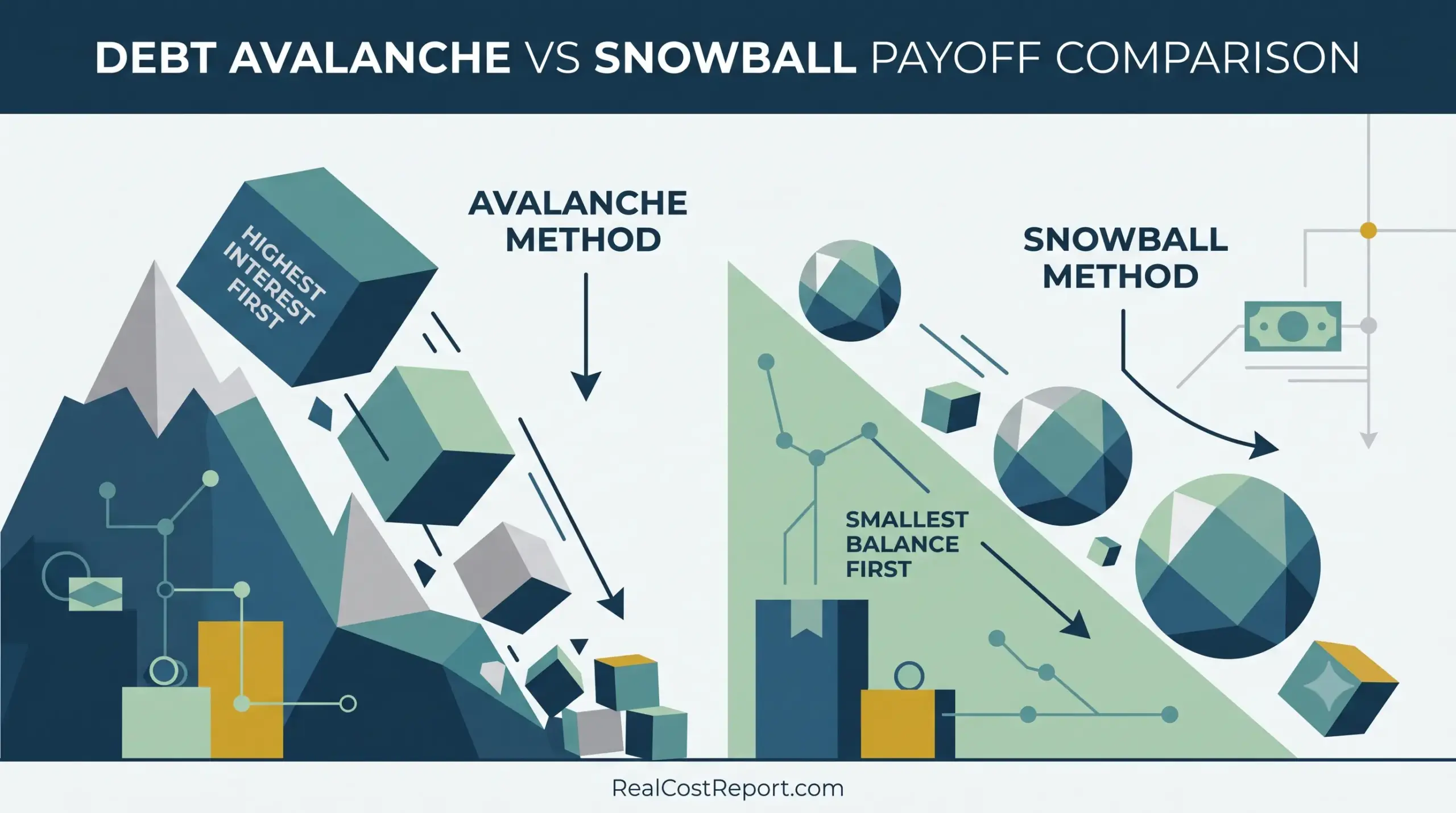 A geometric vector infographic comparing the Debt Avalanche (highest interest first) and Debt Snowball (smallest balance first) repayment strategies.