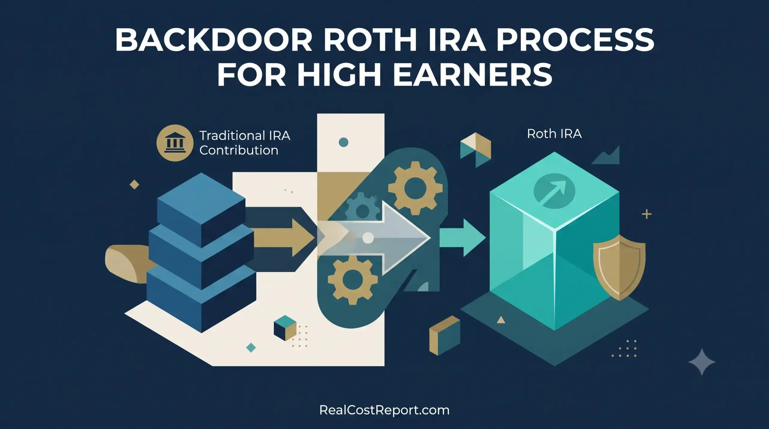 A geometric vector illustration showing a conversion process from a Traditional IRA stack to a Roth IRA cube with a growth arrow.